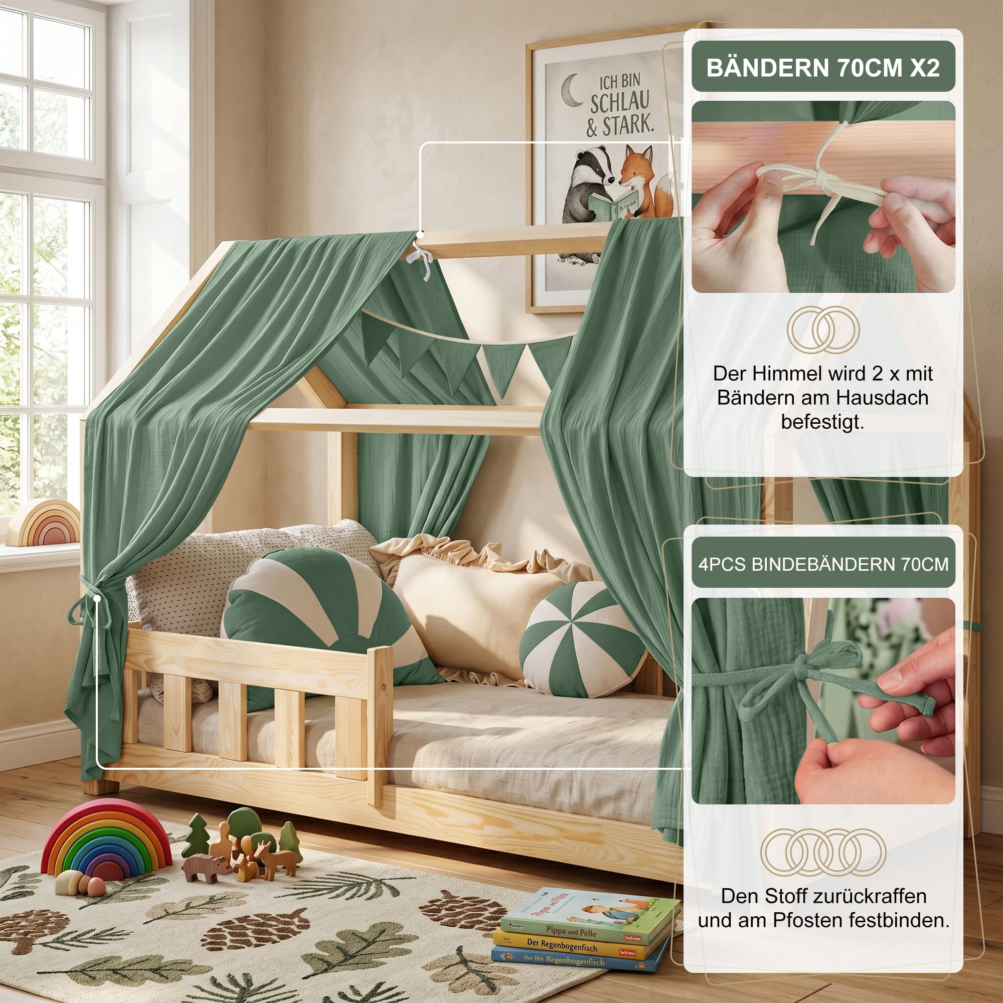 Dosel para cama infantil, dosel, cama infantil, juego de 2 unidades, 100% algodón, muselina, incluye banderines de 3 m (verde oscuro, 270 x 135 cm (alto x ancho x ancho) (2 unidades)