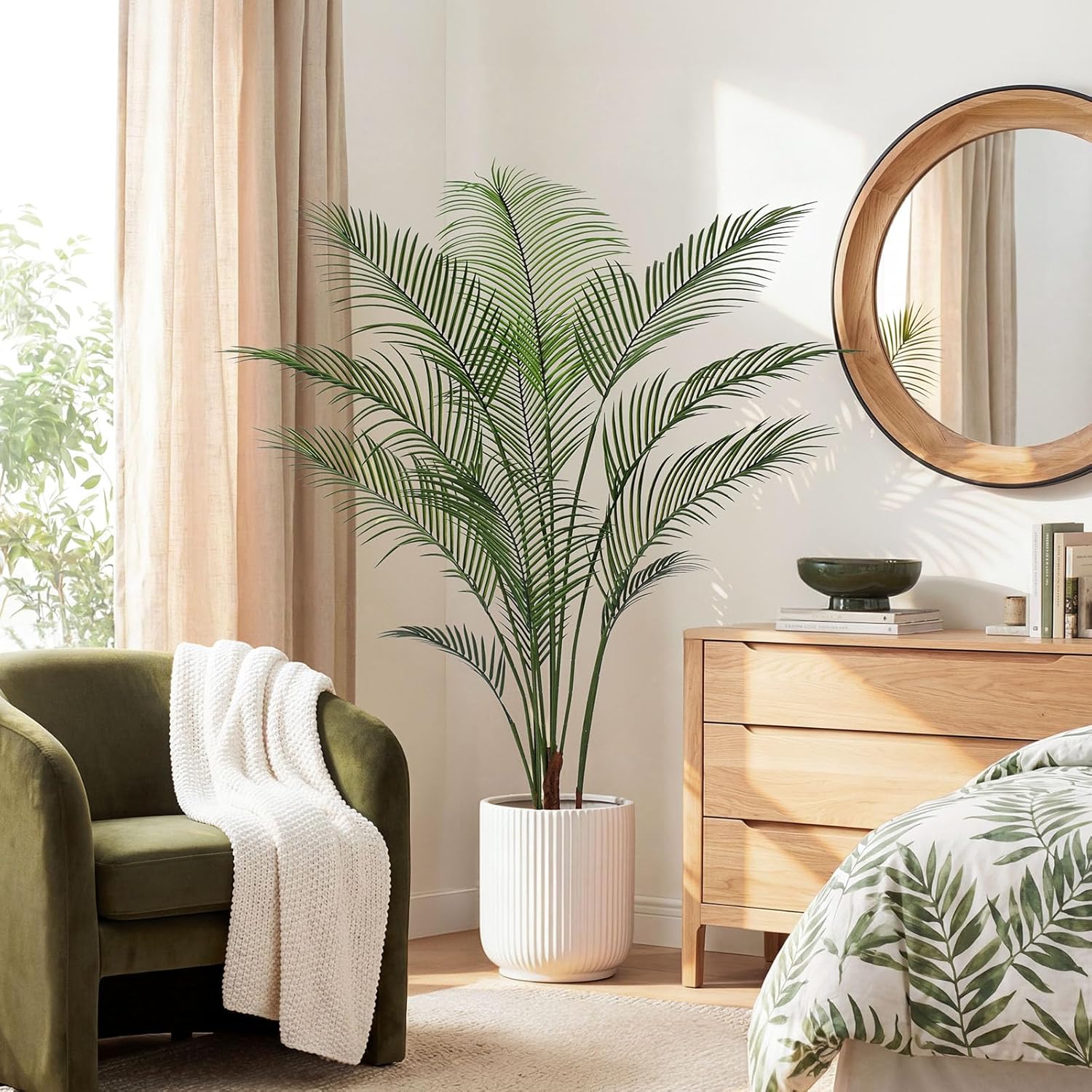 Artificial Palm Tree 5FT Tall Faux Palm Tree Indoor Fake Plants Faux Tropical Plant, UV Resistant & Maintenance Free Indoor/Outdoor Fake Tree in Pot for Home Office Living Room Patio Decor