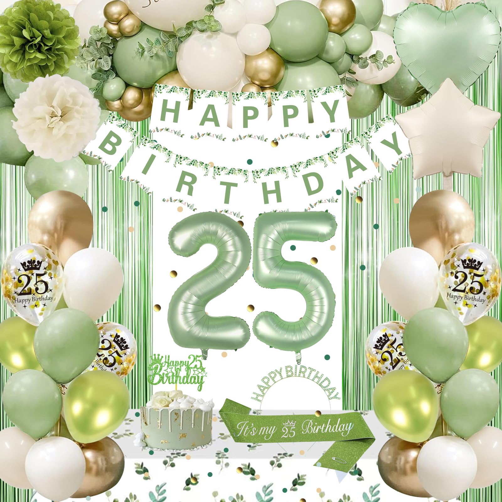 25th Birthday Decorations, Sage Green 25th Bday Decorations for Women Happy Birthday Banner Green Gold Balloons Crown Sash Fringe Curtain Tablecloth