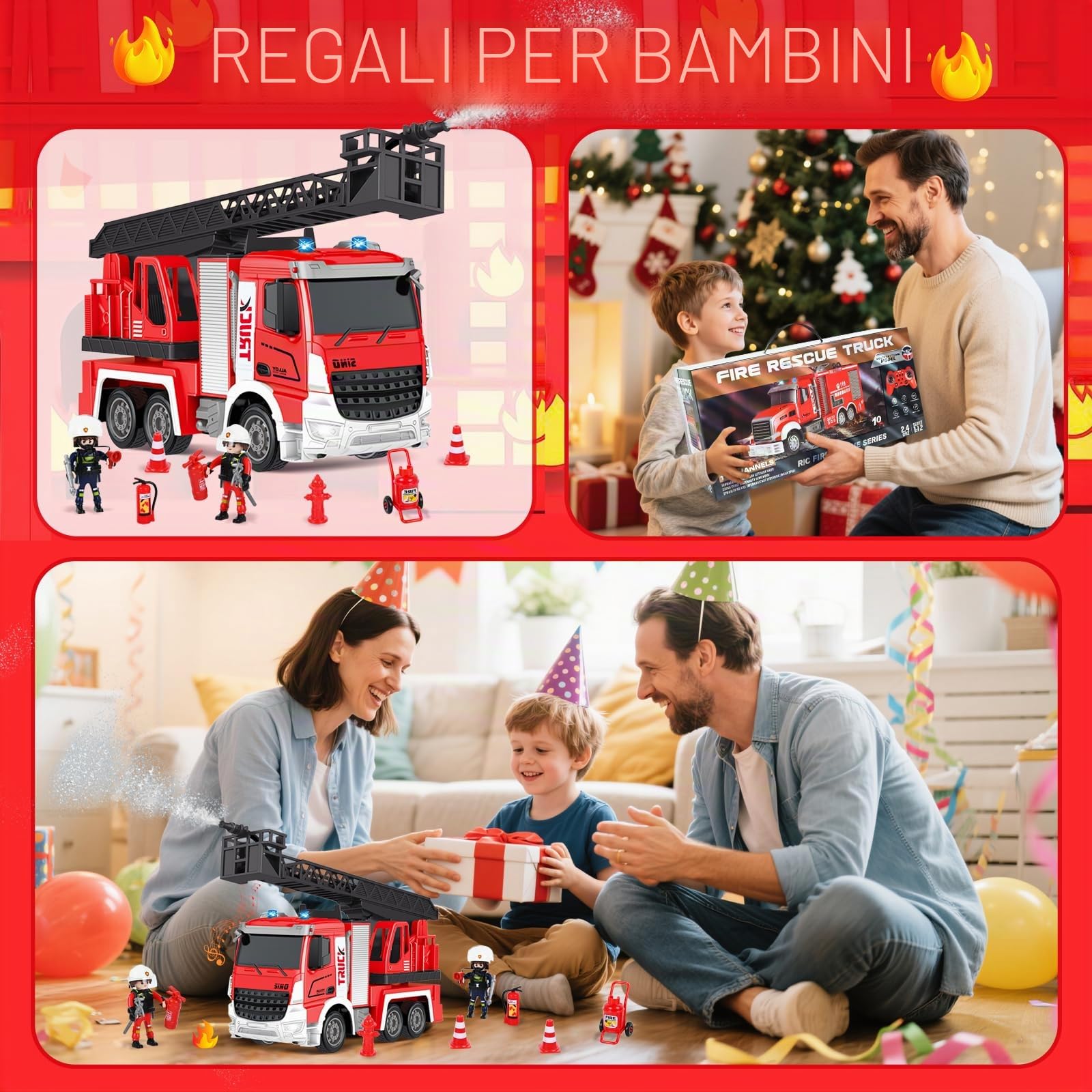 PATEMZON Camion Pompieri Giocattolo, Camion dei Pompieri con Spruzzi D'acqua, 60CM Scala Girevole e Accessori Giocattolo, Luci e Suoni, Autopompa 2.4GHz Regali per Bambine e Bambini Dai 3 Anni