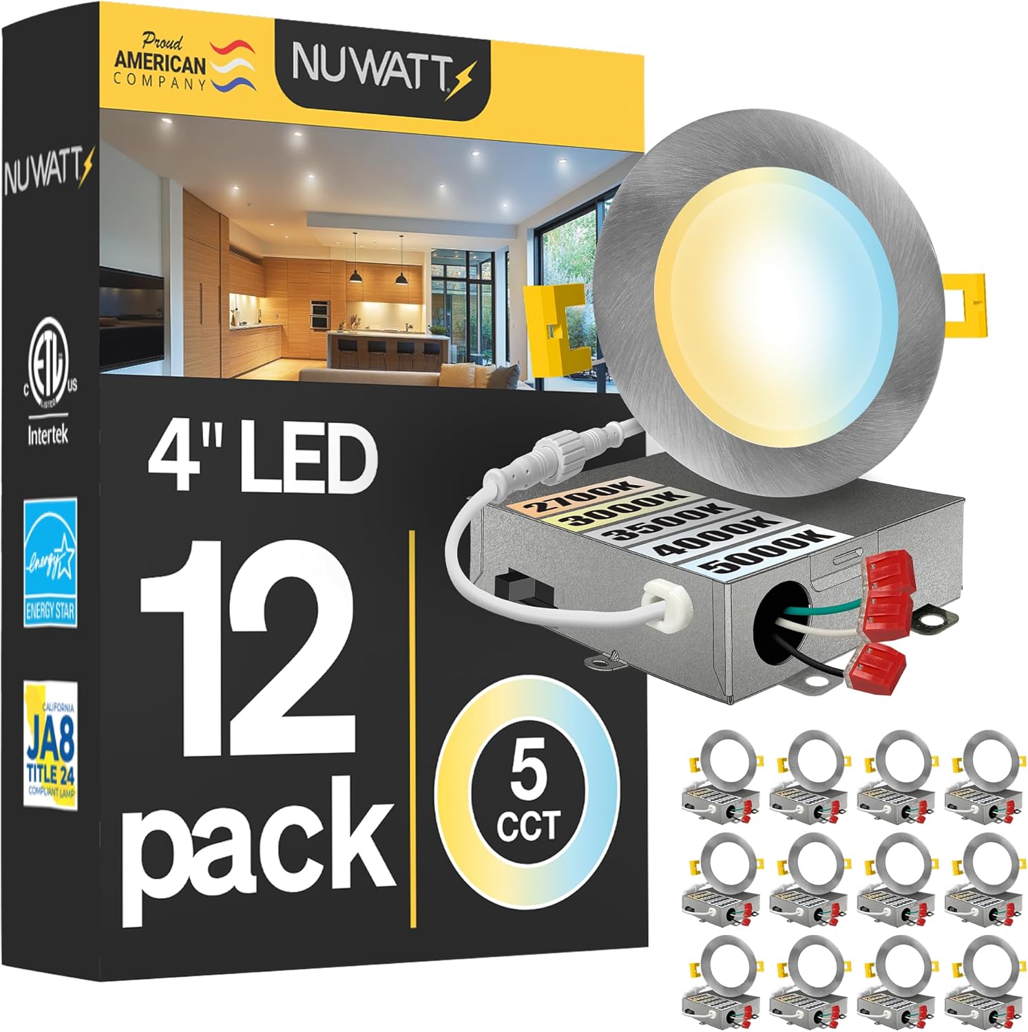NUWATT 12 Pack, 4 Inch Ultra-Thin Recessed LED Lights Brushed Nickel, 5CCT 2700K/3000K/3500K/4000K/5000K Selectable, 630LM, 9W, IC Rated, Dimmable Canless Downlight With Junction Box, Energy Star, ETL