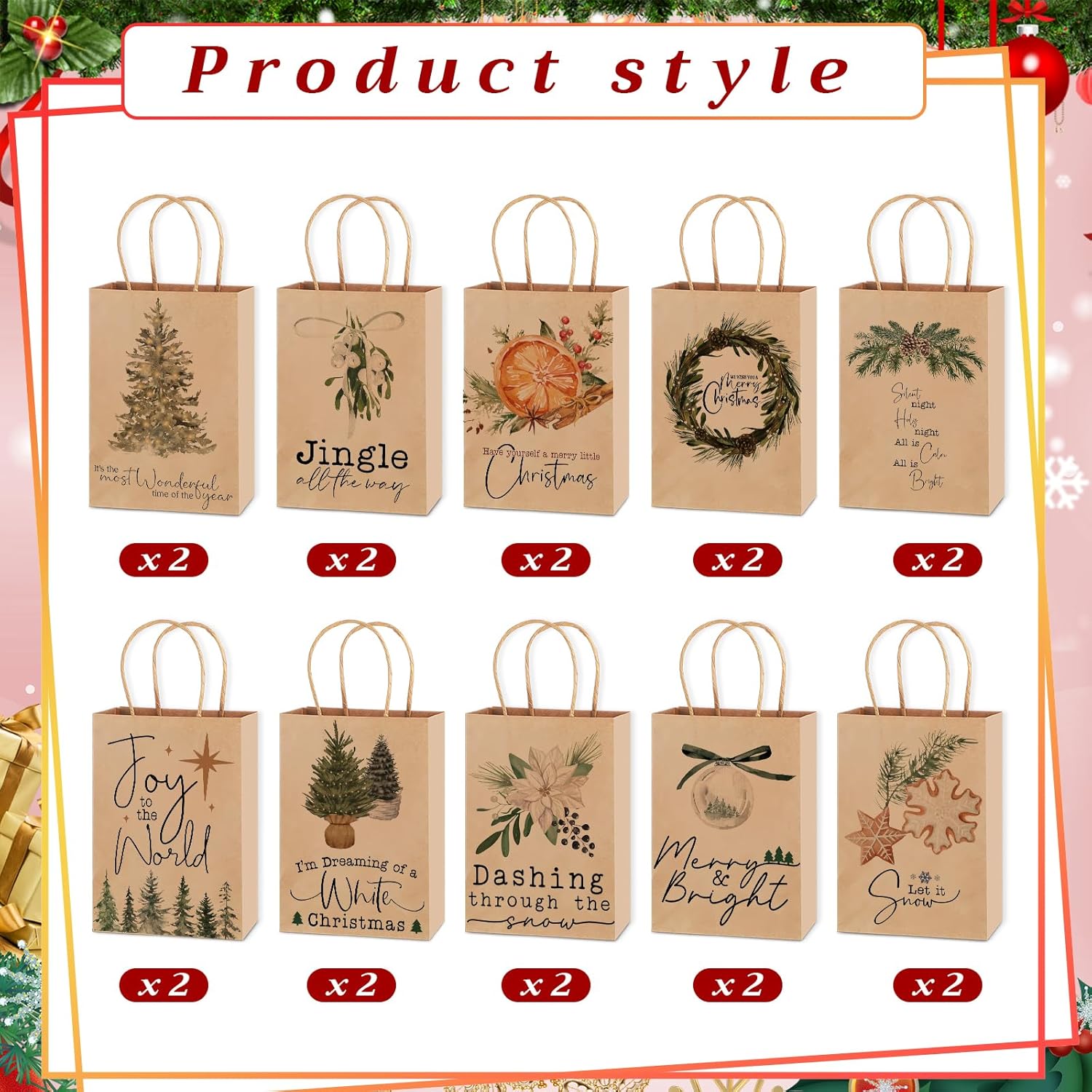Tenceur 20 Pcs Christmas Gift Bags Bulk with Handles Reusable Kraft, Holiday Vintage Small Paper Christmas Bags for Gifts for Xmas Stuffer Candy Present Wrapping, 8.27 x 5.91 x 3.15 Inches (Brown)