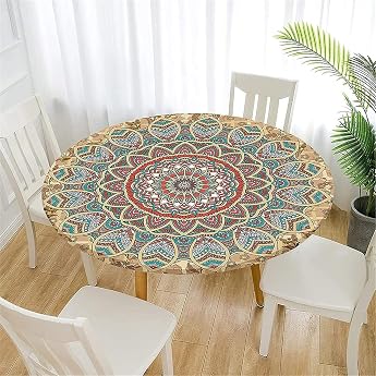 FANSU Washable Tablecloth Round 100 cm Ideal for 80 cm - 90 cm Mandala Elastic Round Outdoor Tablecloths Modern Waterproof Stain Protection Tables Garden Tablecloth for Kitchen
