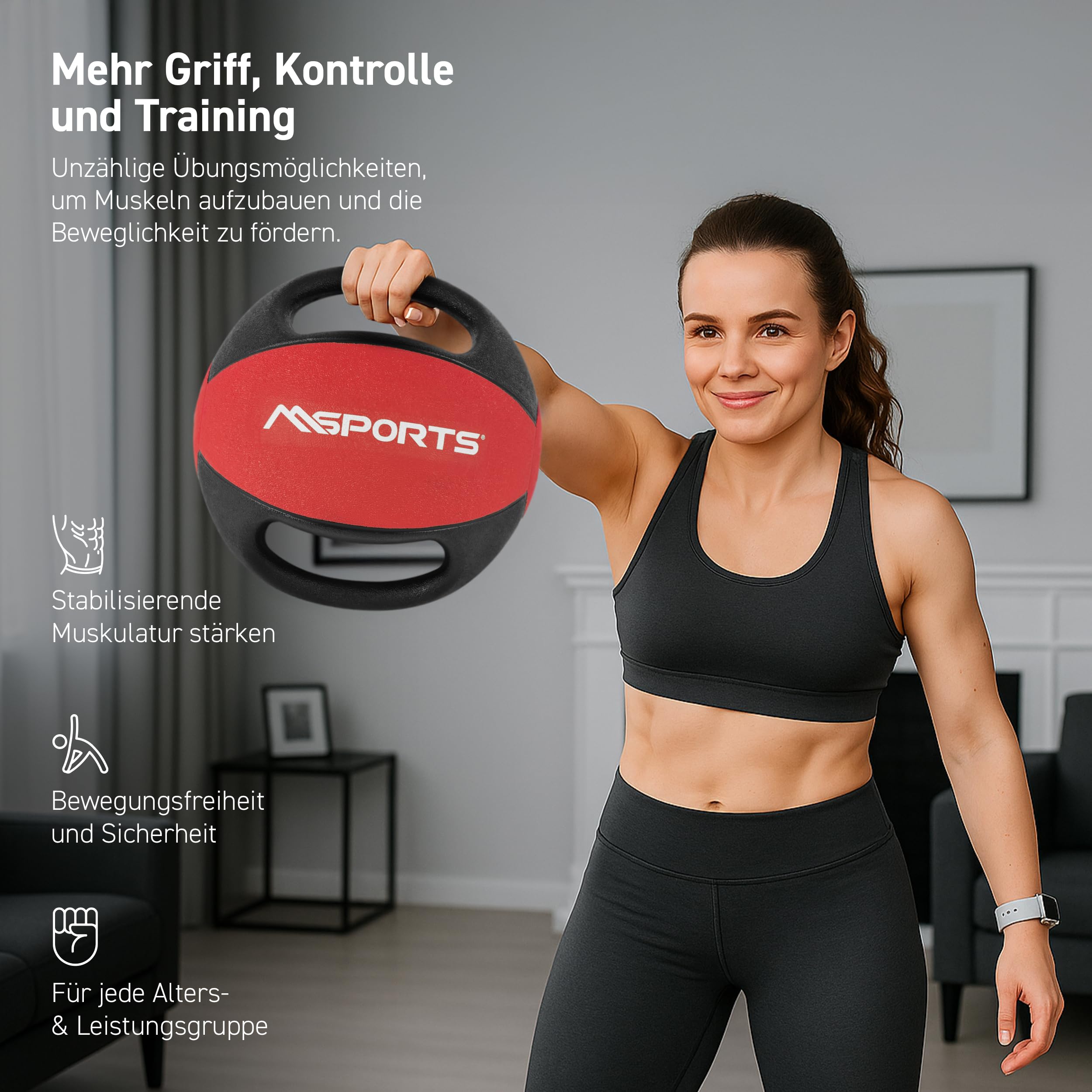 MSPORTS Piłka lekarska premium z uchwytami, 1 – 10 kg, profesjonalna jakość do studia gimnastycznego (7 kg – czerwona)