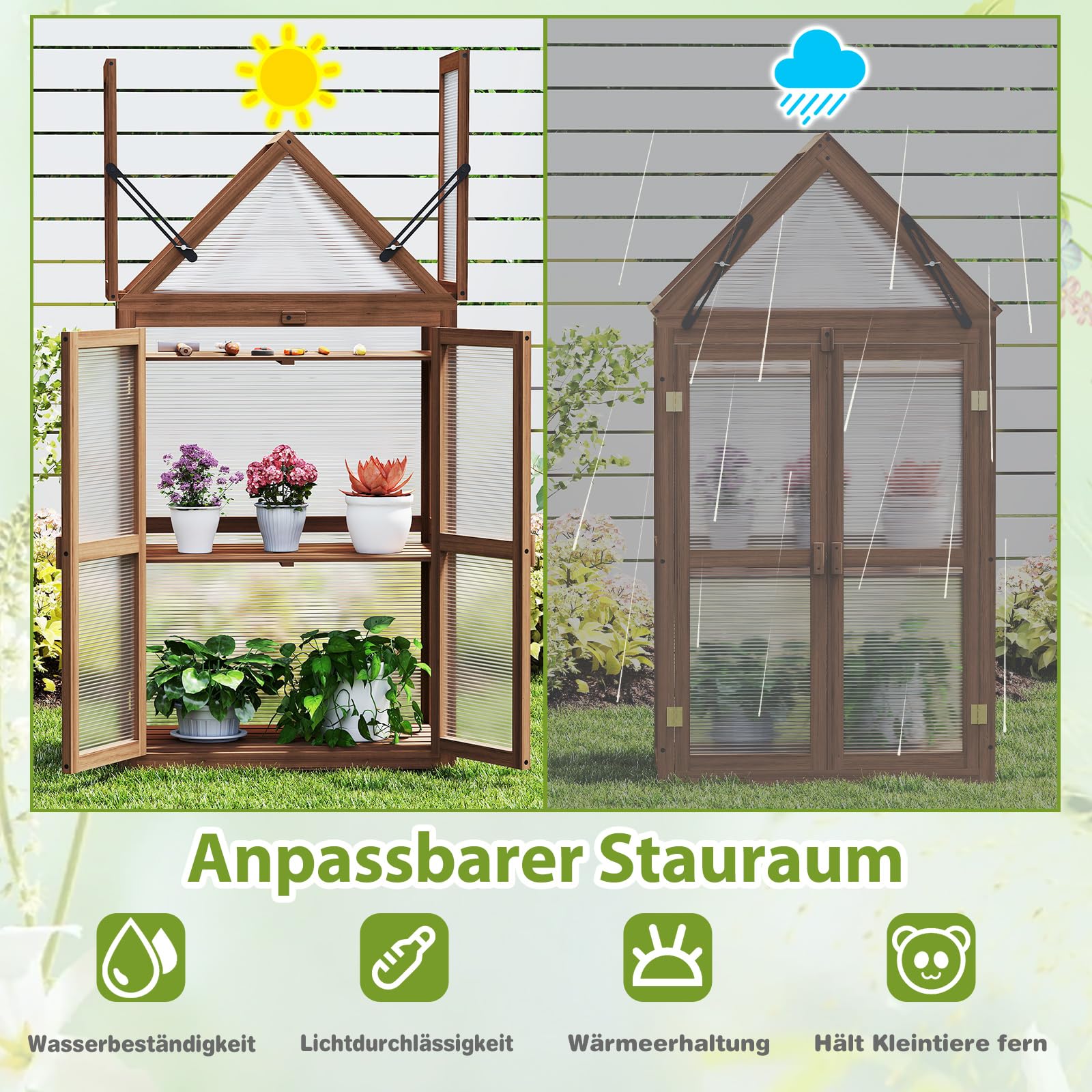 COSTWAY Frühbeet Mini Gewächshaus, 3-stöckiges Pflanzenbeet mit aufklappbarem Dach, Anzuchthaus mit 2 Türen, Treibhaus aus Holz & Polycarbonat, Aufzuchtschrank für Balkon Garten, Braun, 71x41x145cm