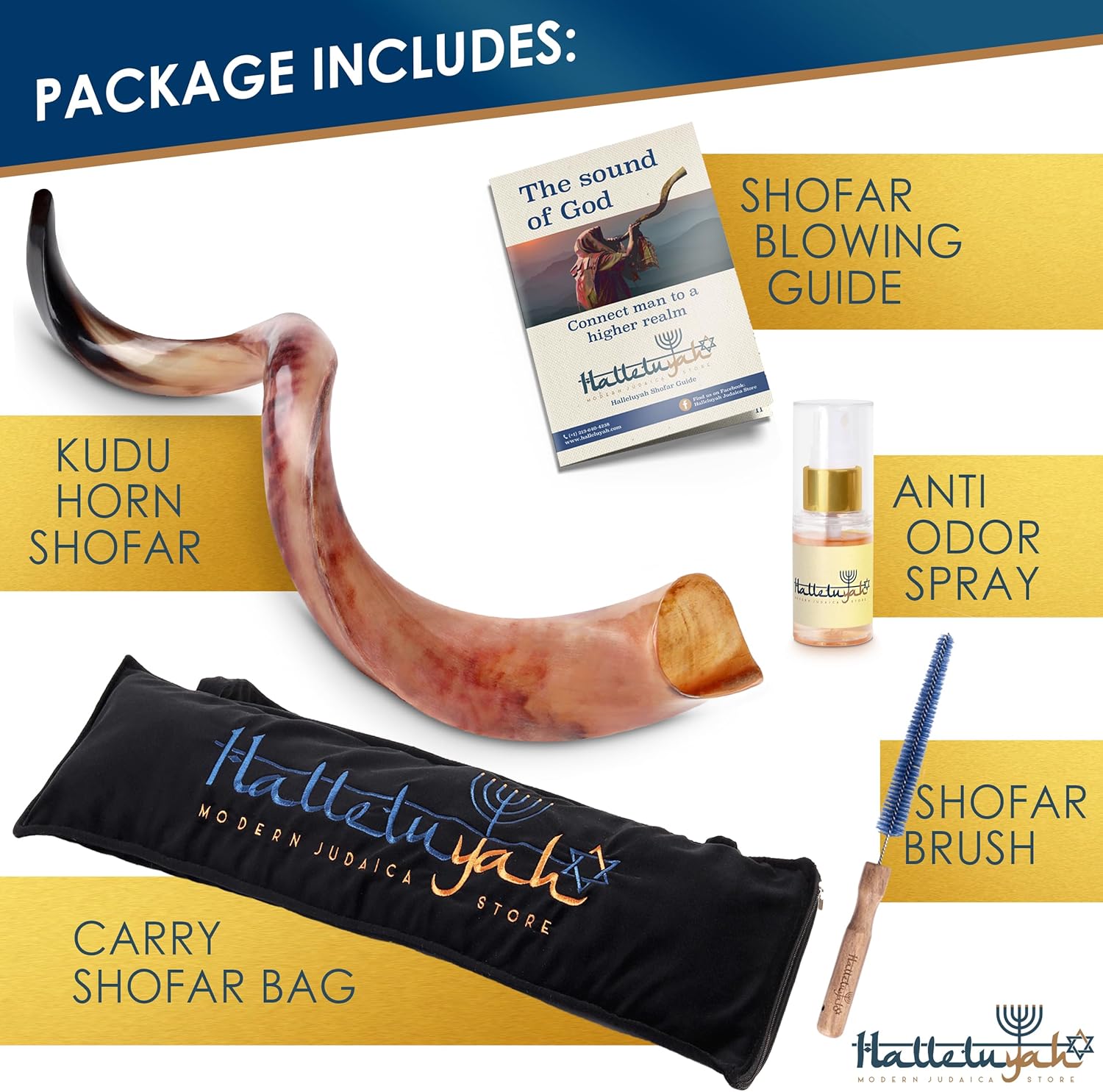 HalleluYAH Original Kosher Fully-Polished Kudu Shofar 35"-39" | From Israel