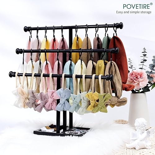 Miniatura 6 de POVETIRE Soporte para diadema de almacenamiento para bebé, organizador de lazo de madera de 3 niveles para lazos para el pelo de niñas, accesorios
