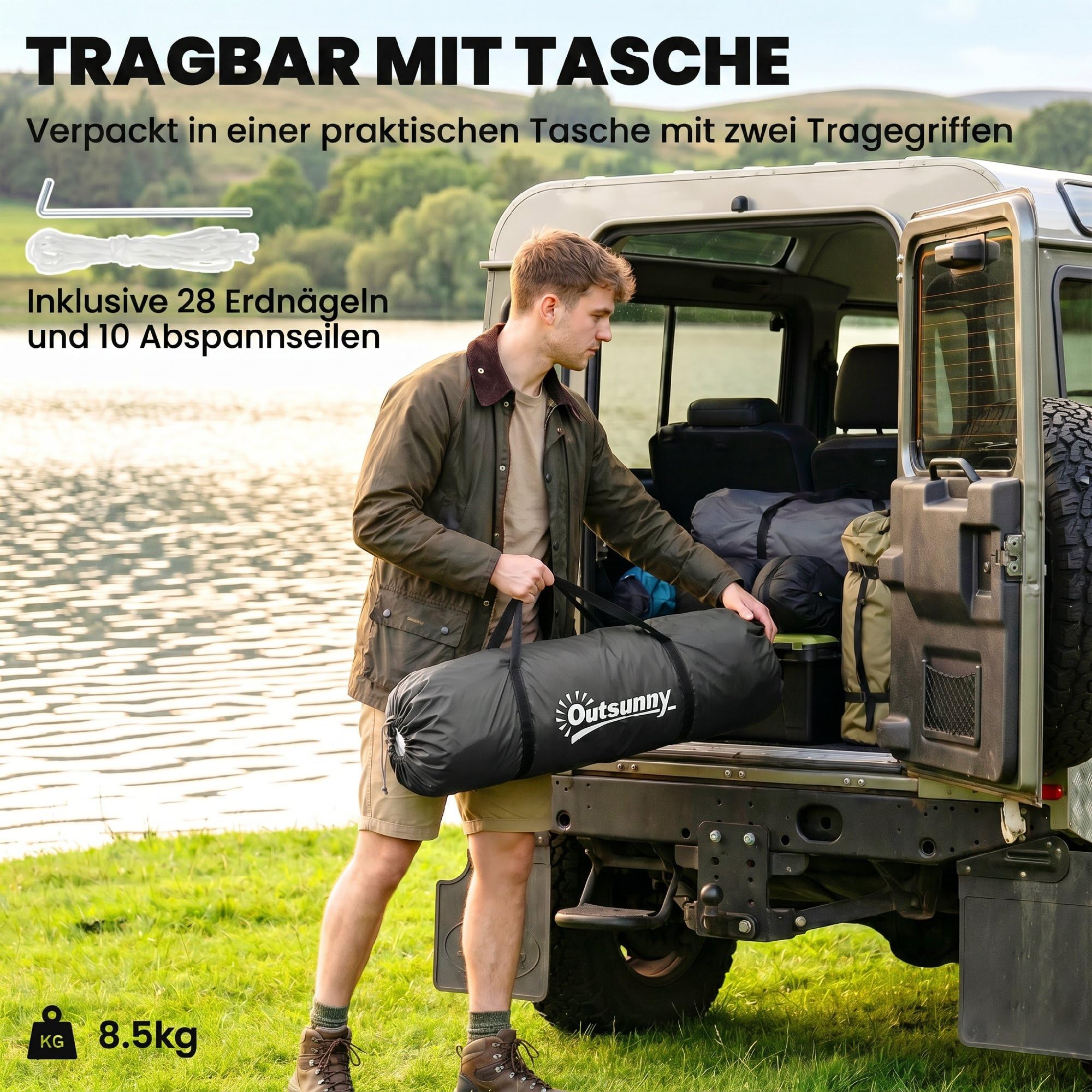 Outsunny Tunnelzelt, Campingzelt für 4 Personen, mit 2 Schlafzimmern Wohnbereich, groß Familienzelt mit Tragetasche, 2000mm Wasserabweisend Gruppenzelt, für Garten, Camping