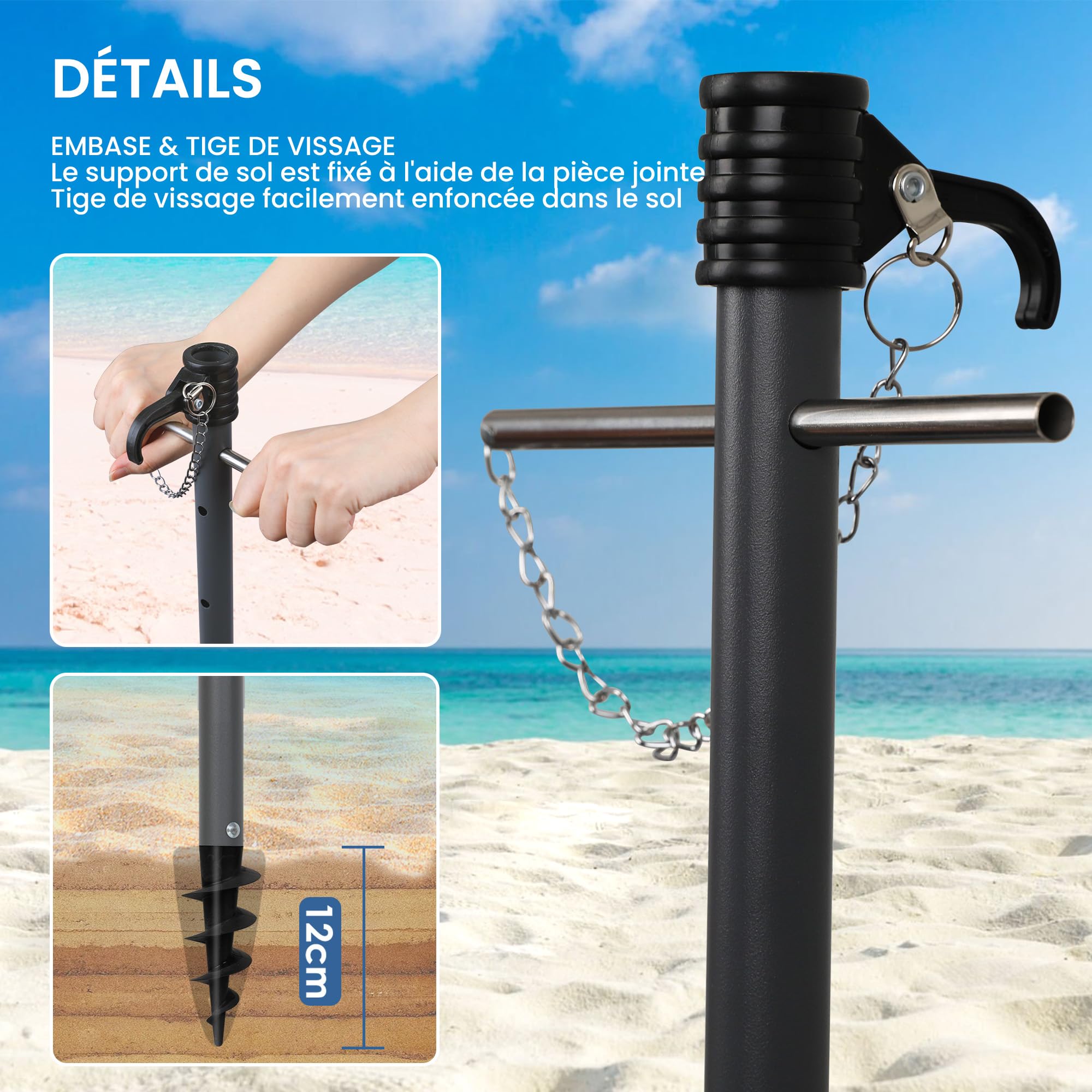 Grandekor Parasol de Plage, Parasol de Jardin Exterieur, UV50+, Ombrelle réglable en Hauteur et Inclinaison, avec Ancre de Plage de 12cm, pour Plage, Balcon & terrasse, 200cm, Bleu