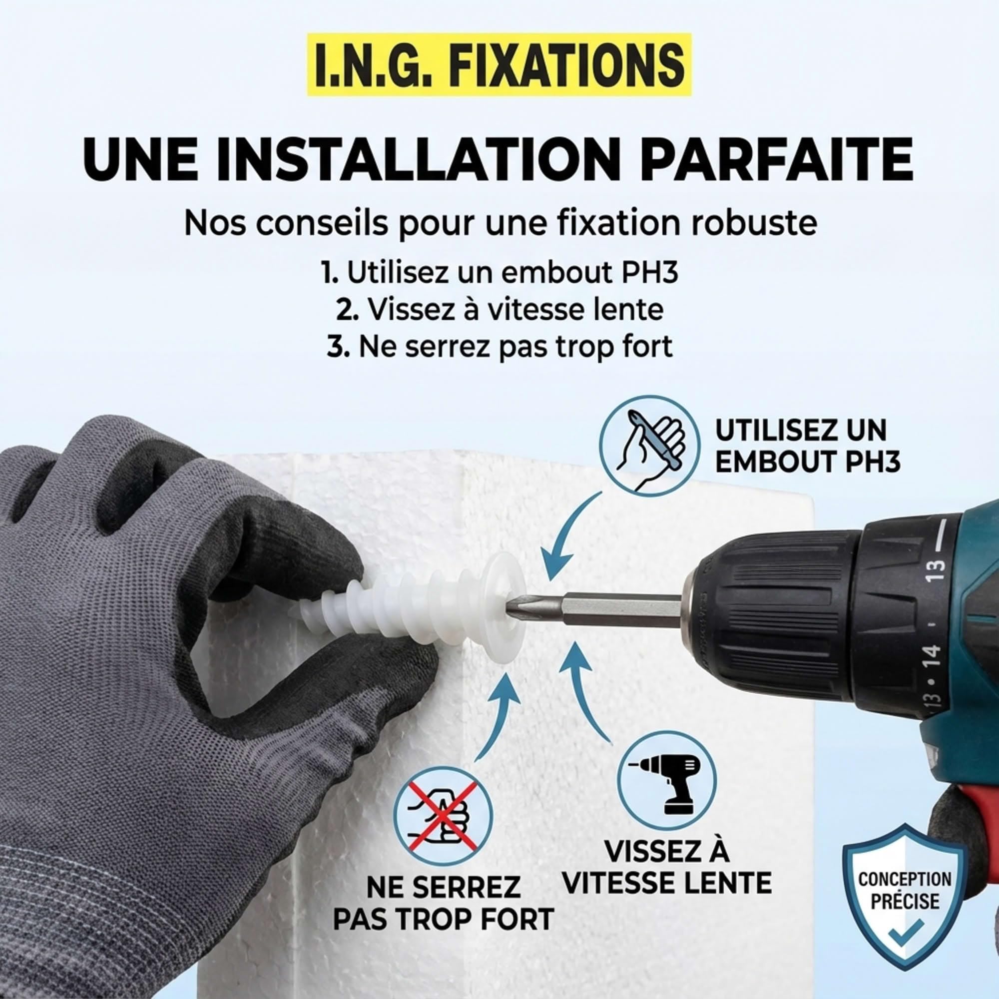 ING Fixations I.N.G. - 25 Chevilles pour fixation directe dans les isolants polystyrène D. 23 x 50 mm Embout PH3