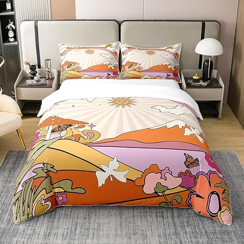 Erosebridal Funky Mushroom Rainbow - Funda de edredón 100% algodón para niños, jóvenes y adultos, juego de ropa de cama tamaño individual, funda de