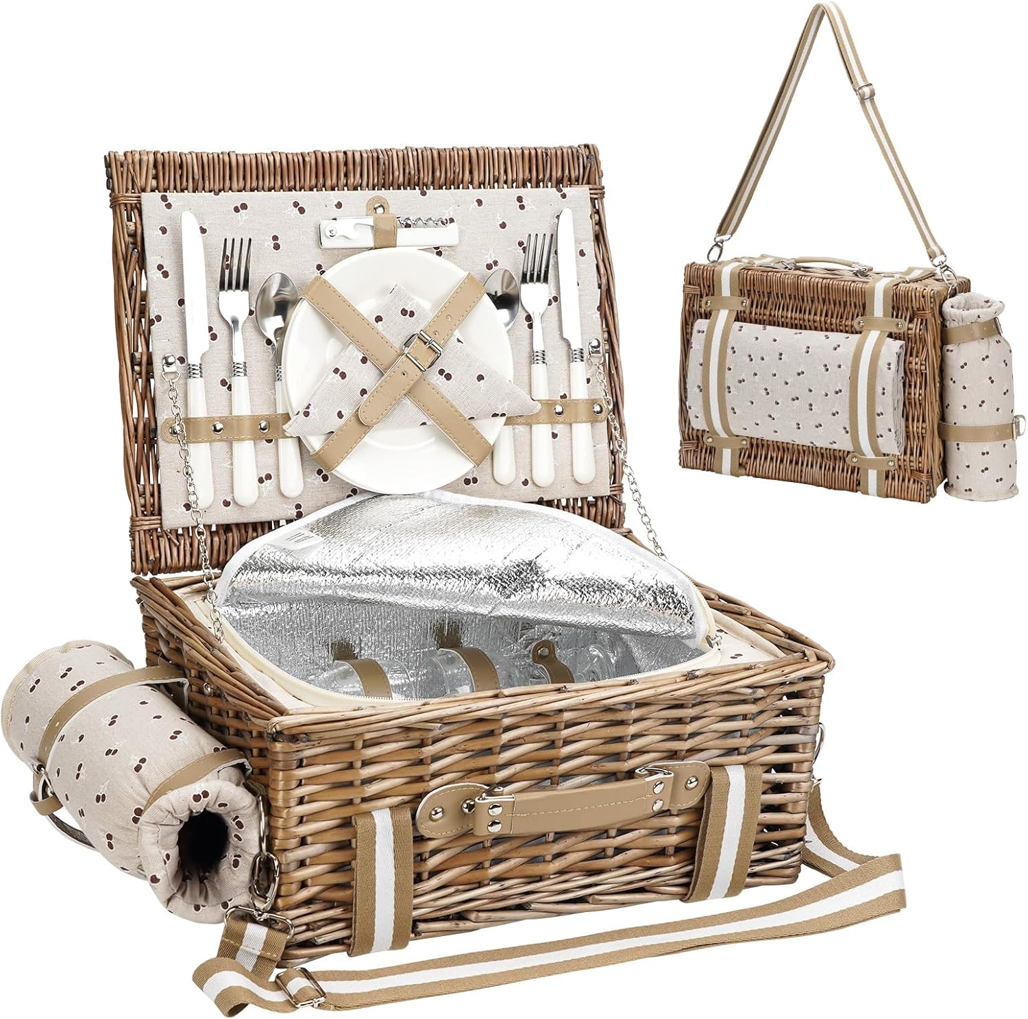 Picnic Basket for 2 with Blanket - Wicker Picnic Basket with Strap,Wine Bag | Willow Picnic Set for 2 Person with Insulated Cooler | Wicker Hamper with Cutlery Kit, Beige 16x12x7inch Beige-strap