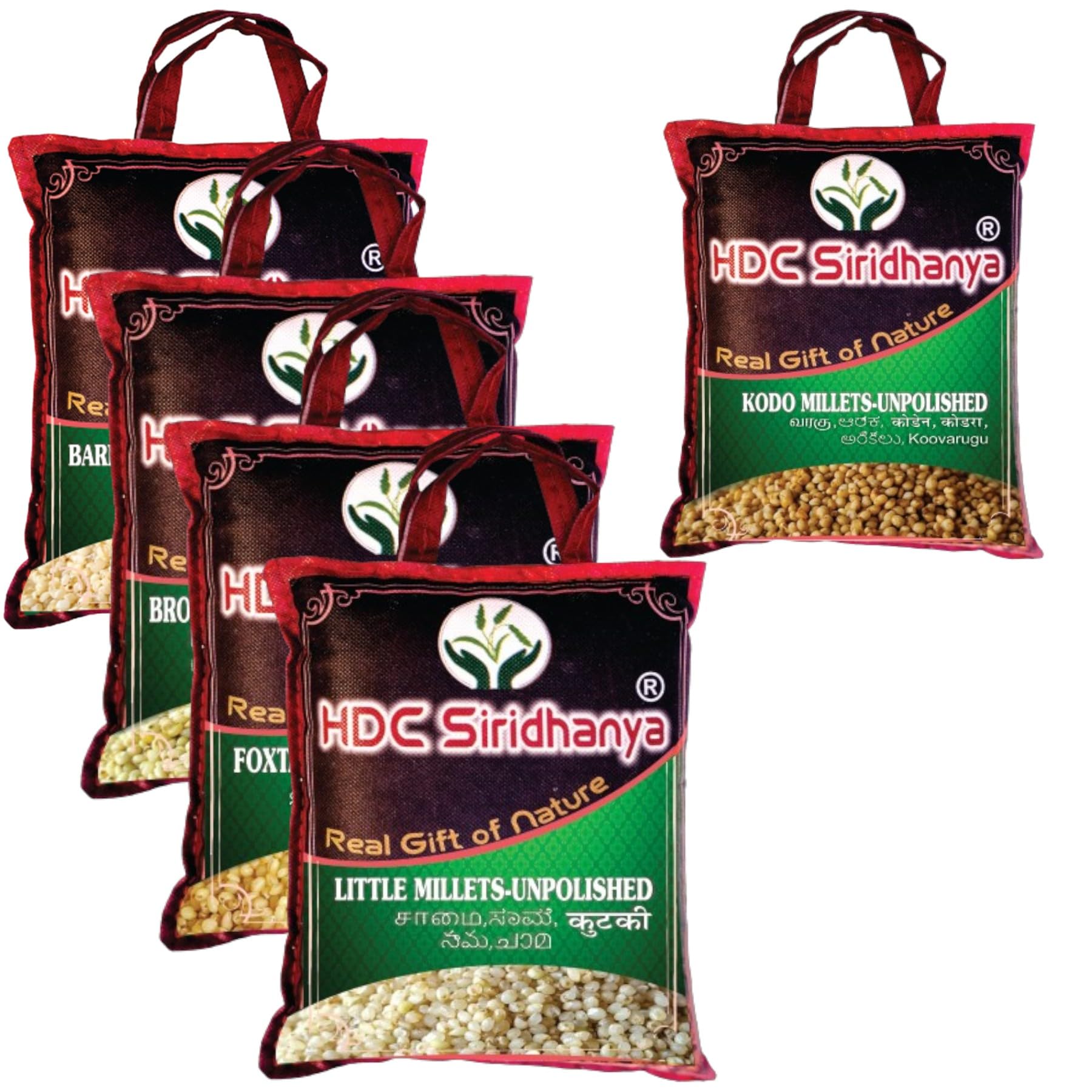 HDC Siridhanya Unpolished and Organic 5 Positive Millets (Kodo, Little, Barnyard, Foxtail and Browntop) Origin from Karnataka (Unpolished and organic 350gx5 millets)