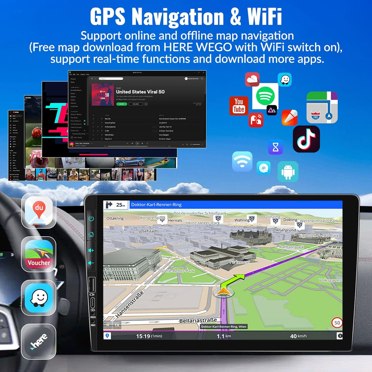 The car stereo displaying a GPS navigation map, surrounded by icons of various apps like YouTube, Spotify, and TikTok, indicating WiFi connectivity.