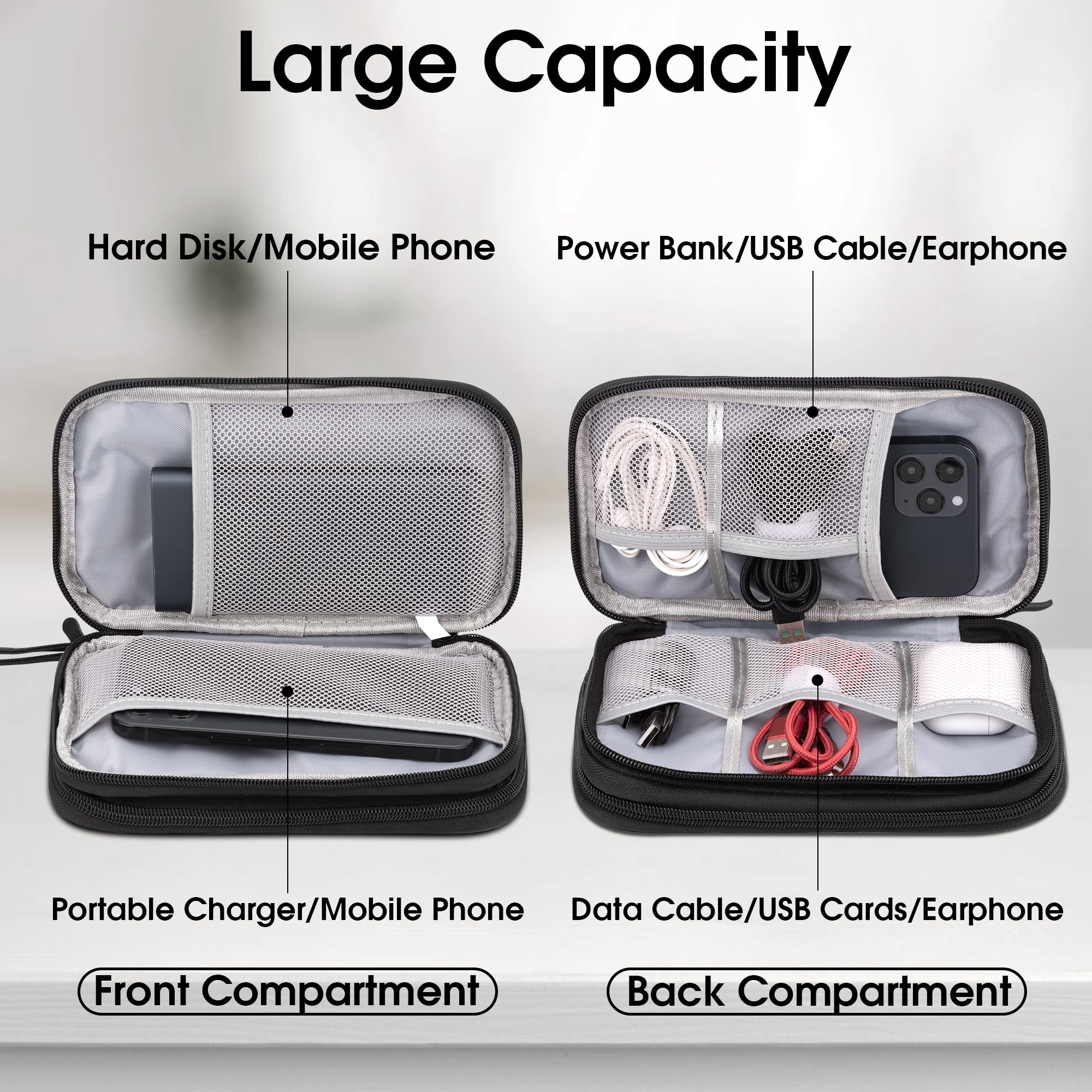 Arae Arae Electronic Organizer, Travel Cable Organizer, Double Layers Portable Waterproof Pouch, Electronic Accessories Storage Case for Cable, Cord, Charger, Phone, Earphone (Black, M) in use