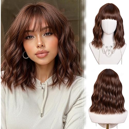 Short Wavy Wig with Bangs for Women Brown Bob Wavy Wig Shoulder Length Curly Hair Silky Soft Synthetic Hair Black Wigs for Girls Daily Party Use