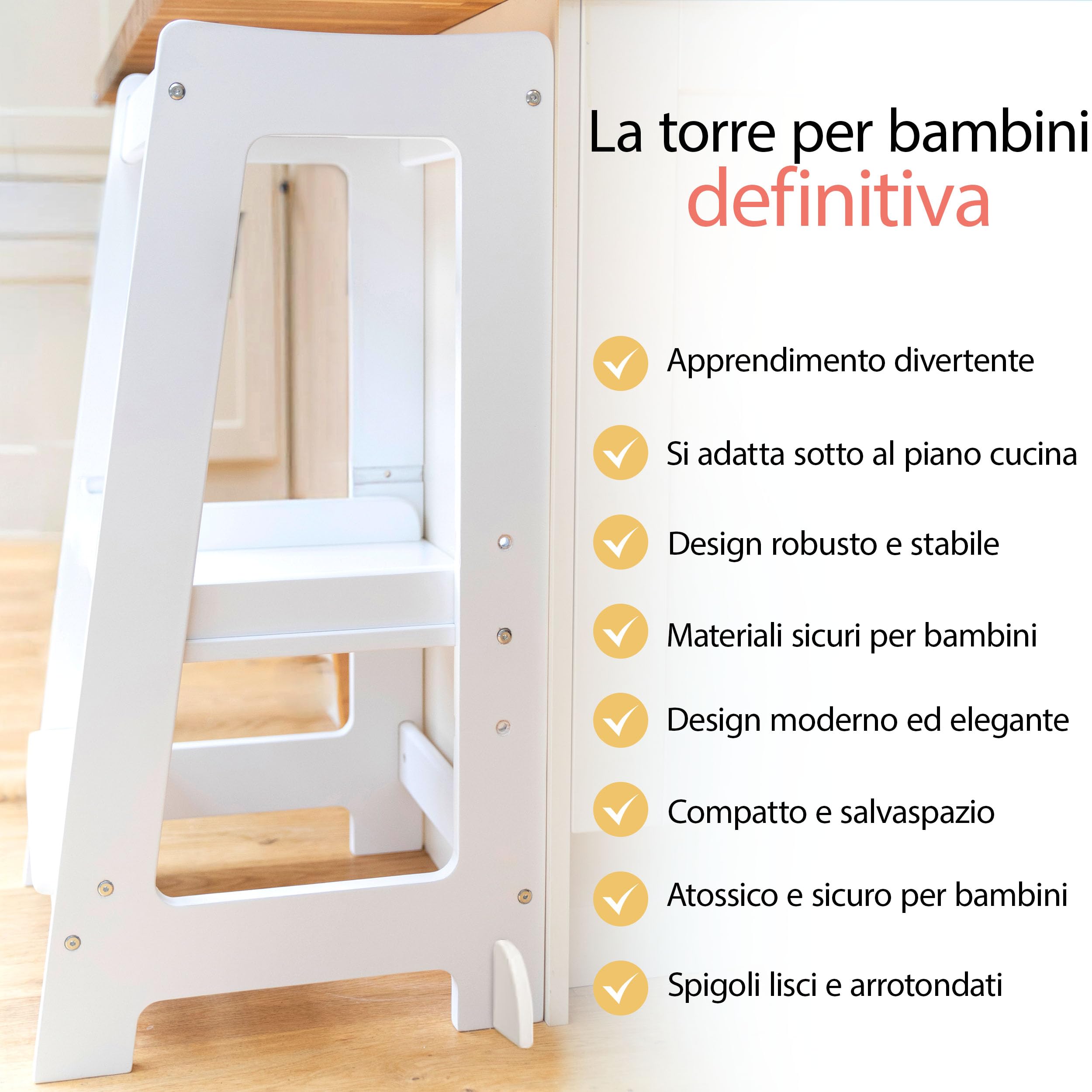 Stepup Baby Torre Montessoriana 3 Altezze Regolabili Torre di Apprendimento Ringhiera Sicurezza Bianco