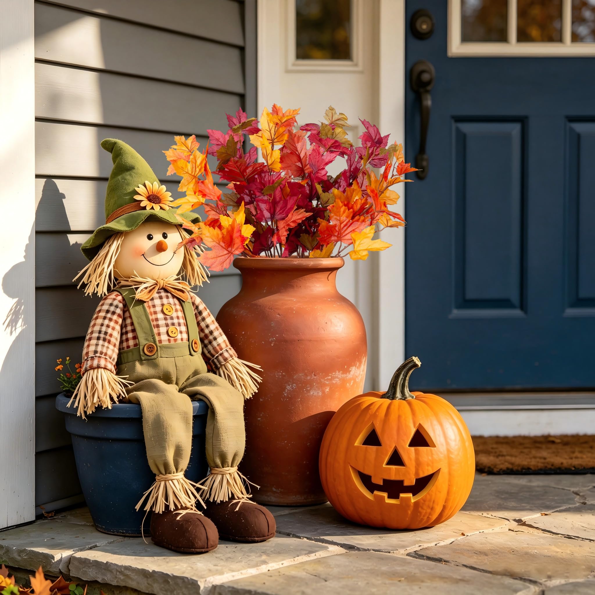 INXUGAO 6 foglie di acero artificiali rami 54,9 cm foglie autunnali finte steli piante verde all'aperto per casa fattoria tavolo del Ringraziamento centrotavola camino Halloween Decor Orang