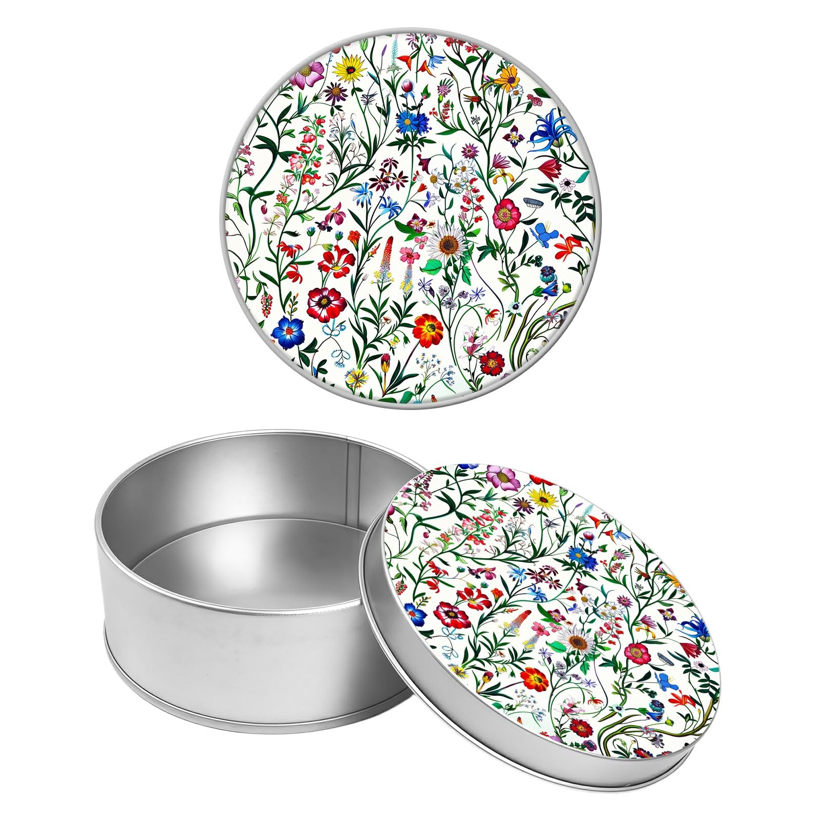 Round Metal Tin Container with Removable Lid, Color Wild Flowers Durable Metal Storage Box for Crafts Snacks Candies Office Supplies Small Items 3.54 x 1.38 inch– Single Pack