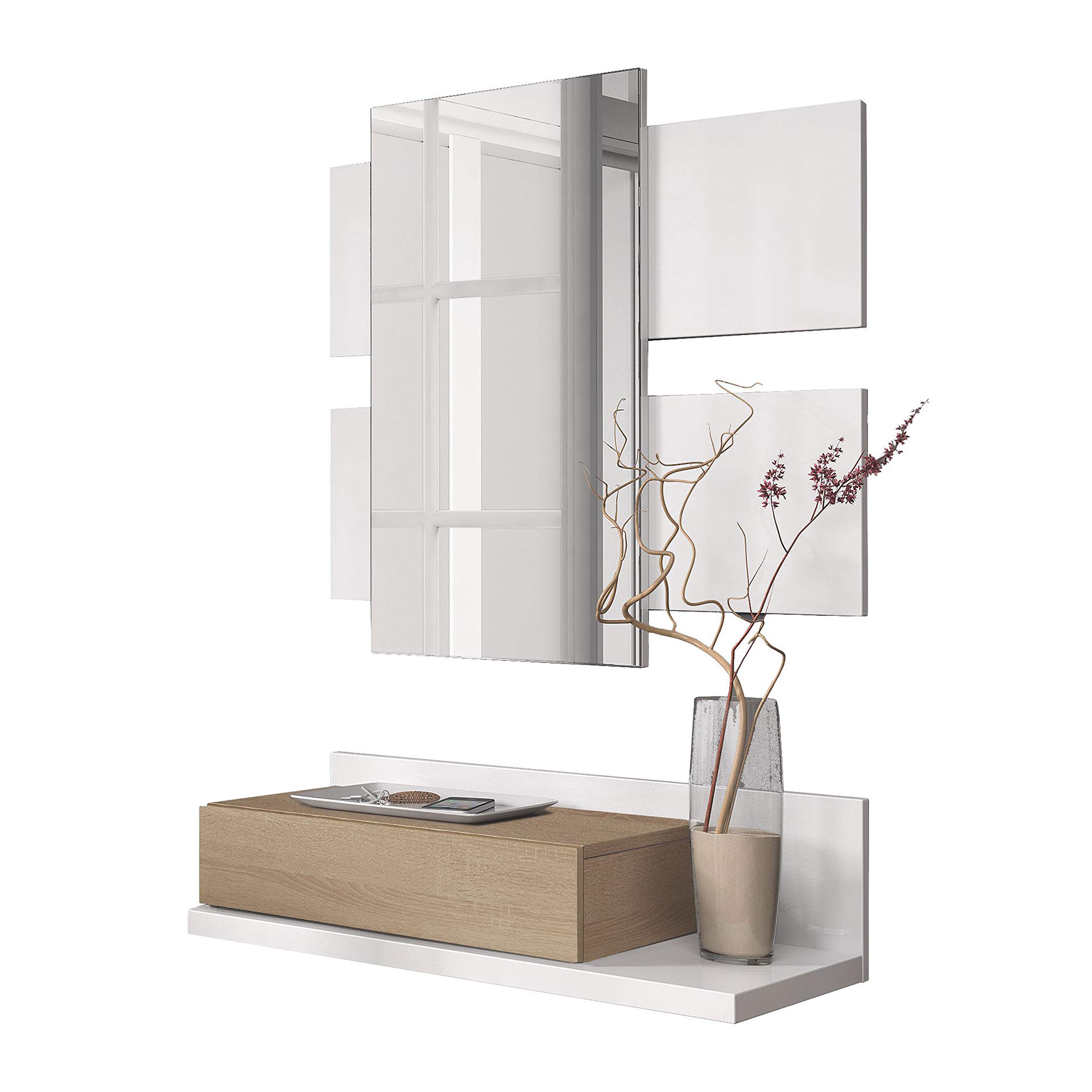 Habitdesign 0F6742BO - Recibidor con cajón y Espejo, Mueble de Entrada Modelo Tekkan Acabado en Blanco Brillo - Roble Canadian, Medidas: 75 cm (Ancho) x 116 cm (Alto) x 29 cm (Fondo)