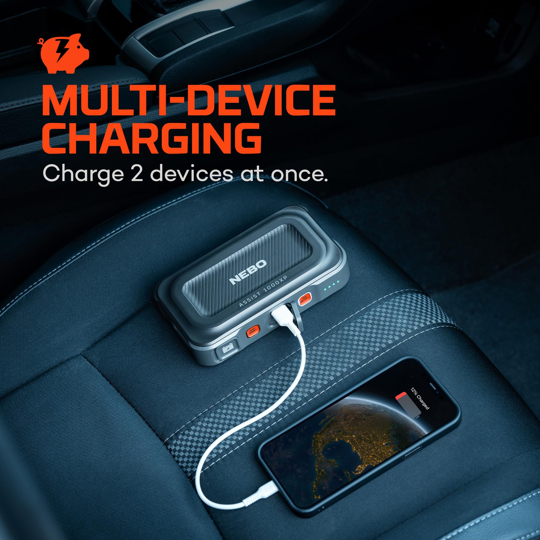 NEBO ASSIST 1000XP Arrancador 3 en 1 – Amplificador de batería portátil de coche de 1000 amperios, banco de energía USB y reflector de emergencia, recargable por USB‑C, IP65