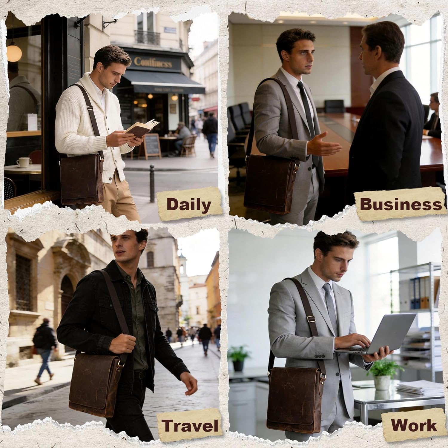 Leathario Crossbody Bag for Men Genuine Leather Small Messenger Shoulder Purse Side Vintage Satchel for Work Travel Daily