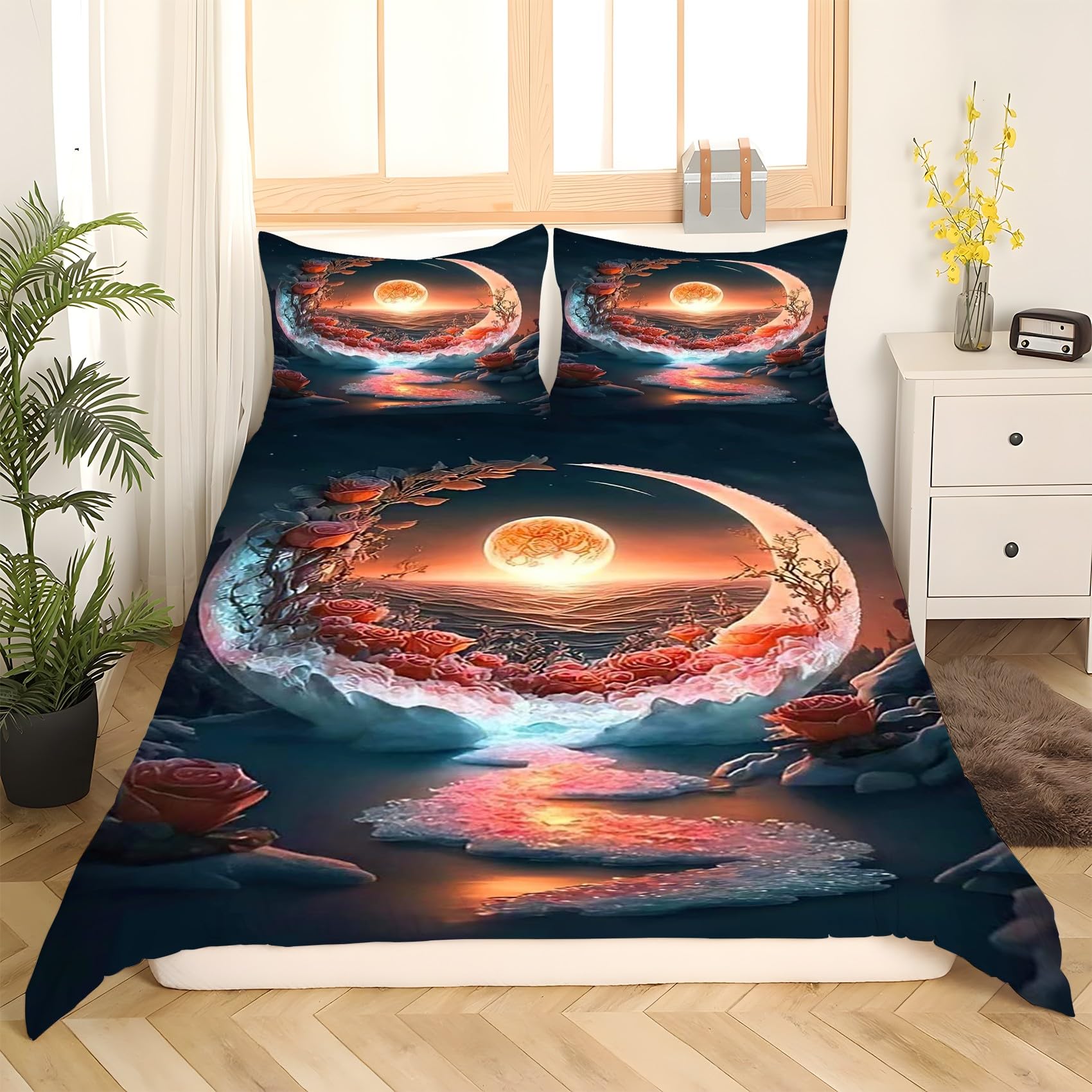 Moon Zestawy poszewek na kołdrę 155 x 220 cm róża jesień pościel mikrofibra poszewka na kołdrę 155 x 220 cm luksusowy zestaw pościeli z nadrukiem 3D poszewka na kołdrę z 2 poszewkami na poduszki 50 x