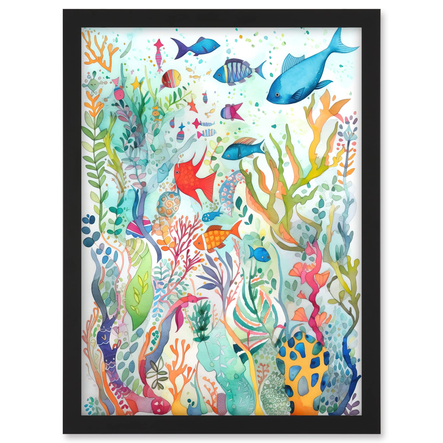 Artery8 Aquatic Scene Marine Life Folk Art Watercolour Painting Artwork Framed A3 Wall Art Print