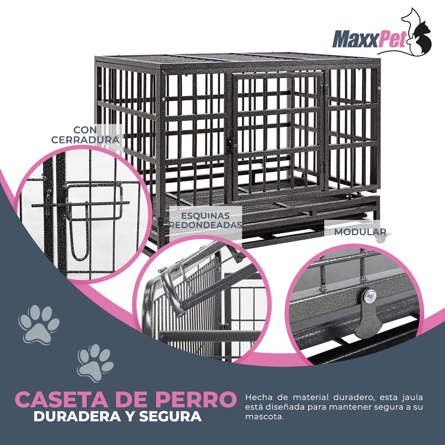MaxxPet Jaula Perro de Metal y Manta de Lujo - Jaula de Transporte sobre Ruedas. 2 Puertas con Cerradura – Bandeja Extraíble. 50 kg – 94 x 59 x 75 cm
