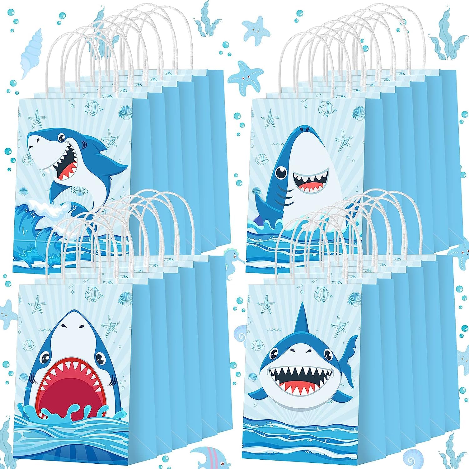 NALACAL Shark Kraft Paper Party Gift Bags, Candy Treat Bags with Twist Handles Ocean Shark Theme, for Baby Shower Birthday Beach Pool Party Supplies, 24 Pcs