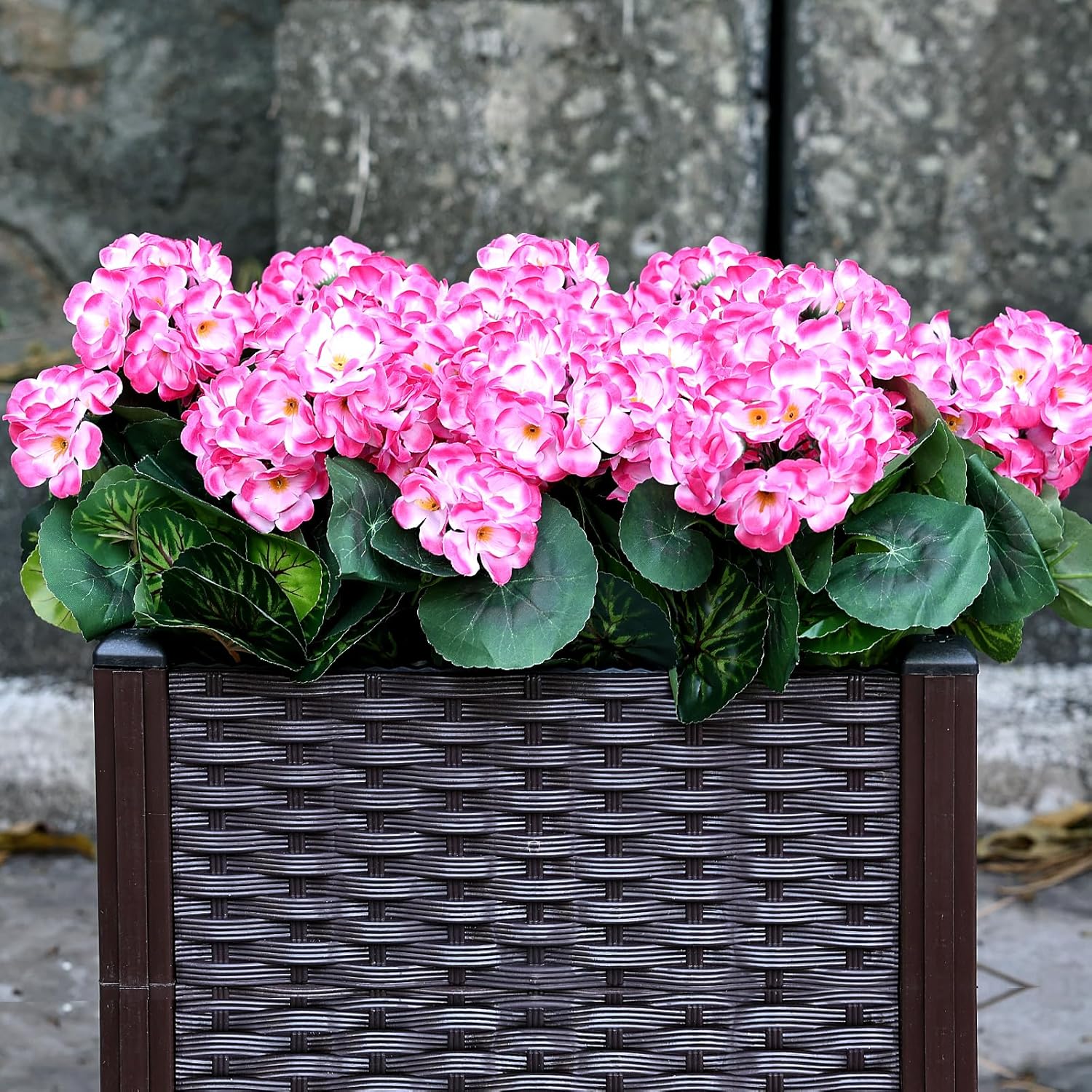 Set of 2 Artificial Flowers Potted for Outdoor, Pre-Made Faux Geranium Plants in Pots UV Resistant Pink Silk Fake Flower Large Potted Plant for Gardens Yards Patios Paths Home Decor - Pink