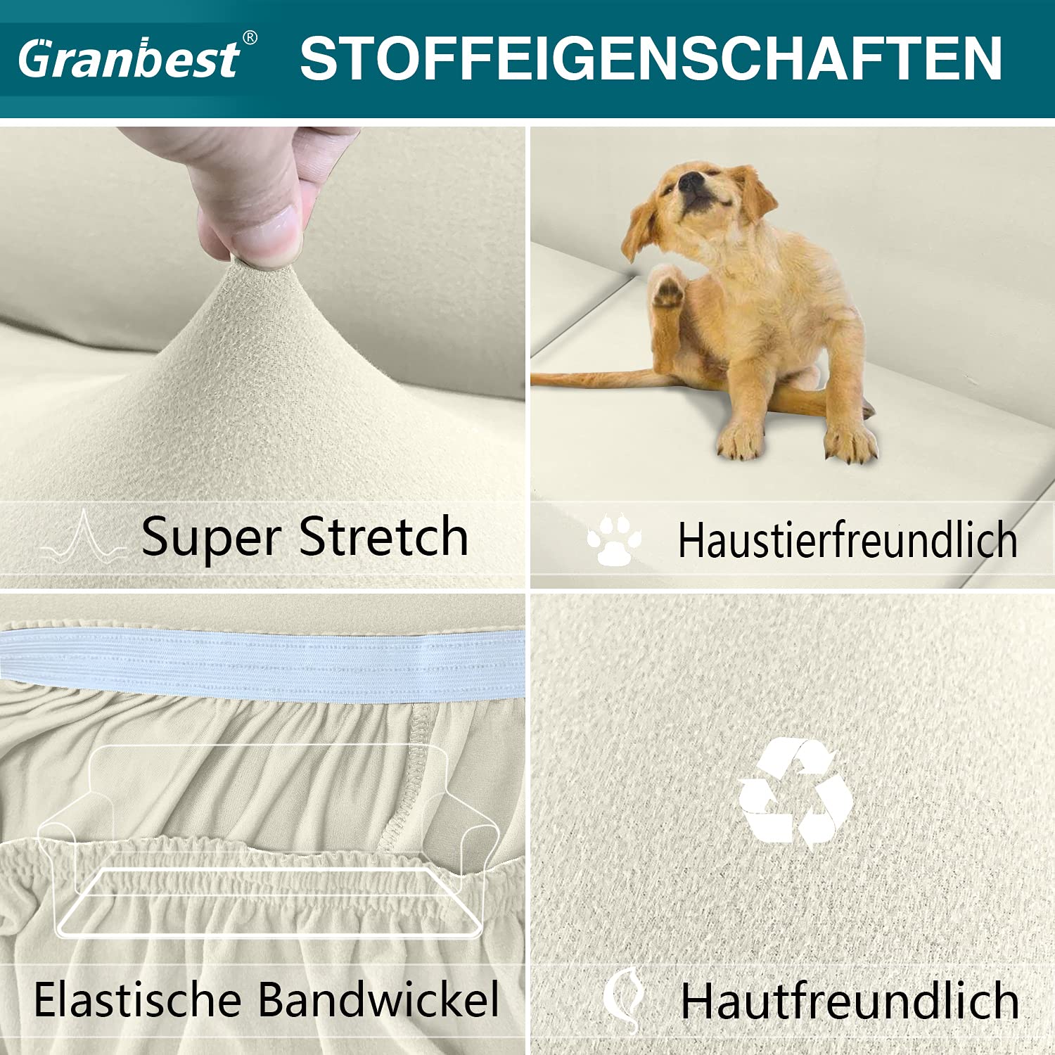 Granbest Strecken Sofabezug 3 Sitzer Superweich Elasthan Sofaüberwurf für Hunde Haustier Couchbezug Möbelschutz mit Elastischen Boden (3 Sitzer, Creme)