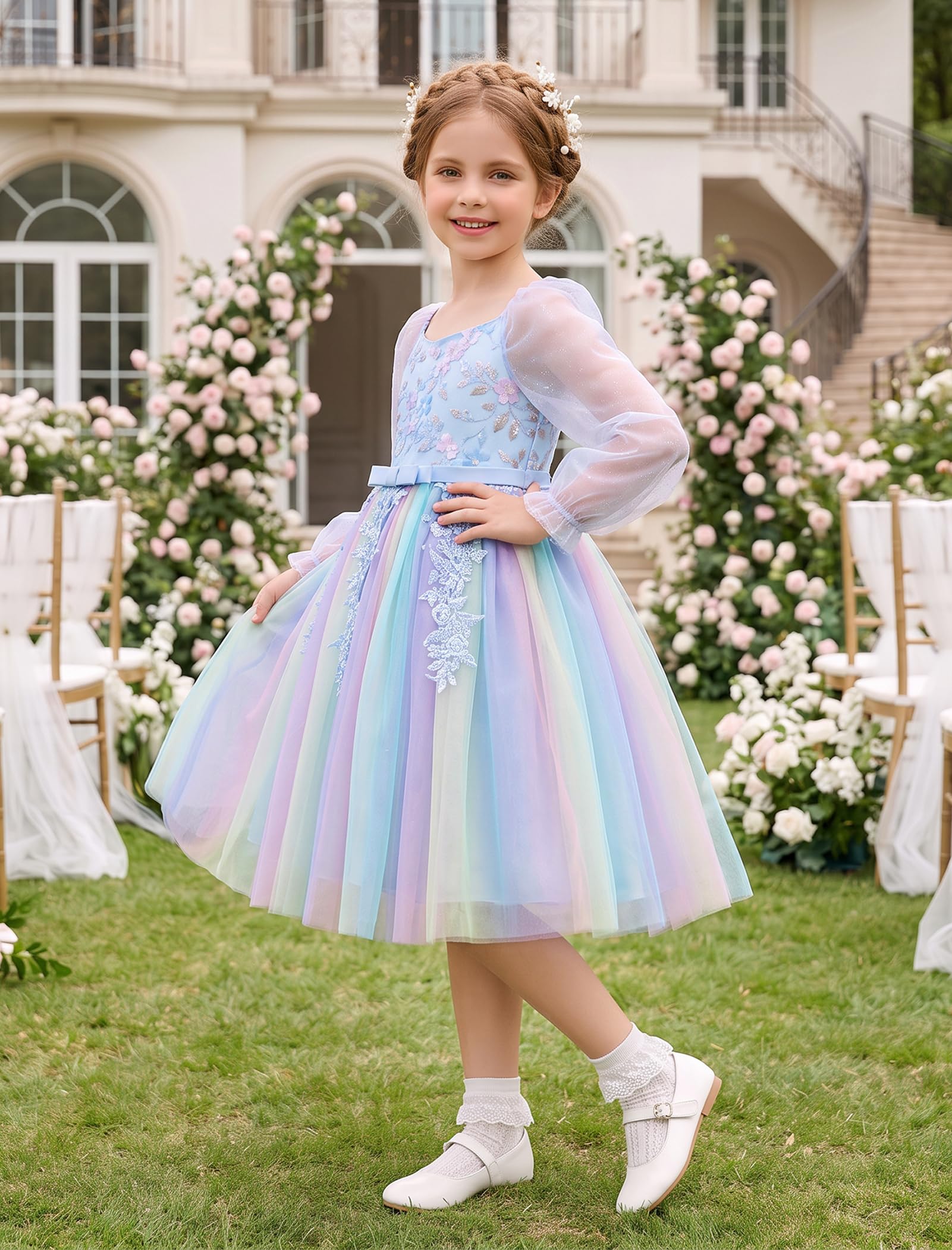 OBEEII Mädchen Prinzessin Langarm Regenbogen Party Tüll Kleid