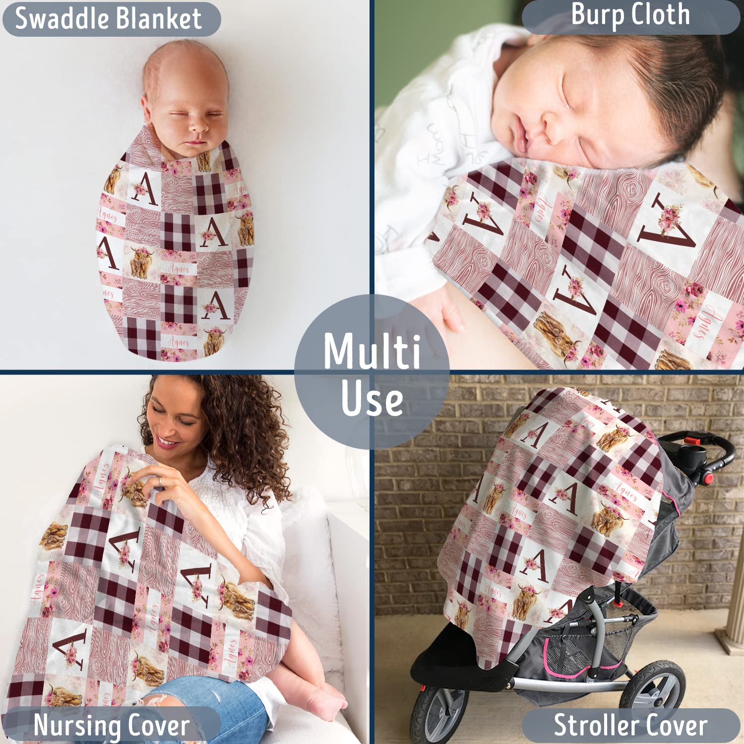 Highland Cow Personalized Baby Blanket With Name - Pink Western Cowboy Blanket for Newborn Infant Daughter, Custom Baby Girl Stuff