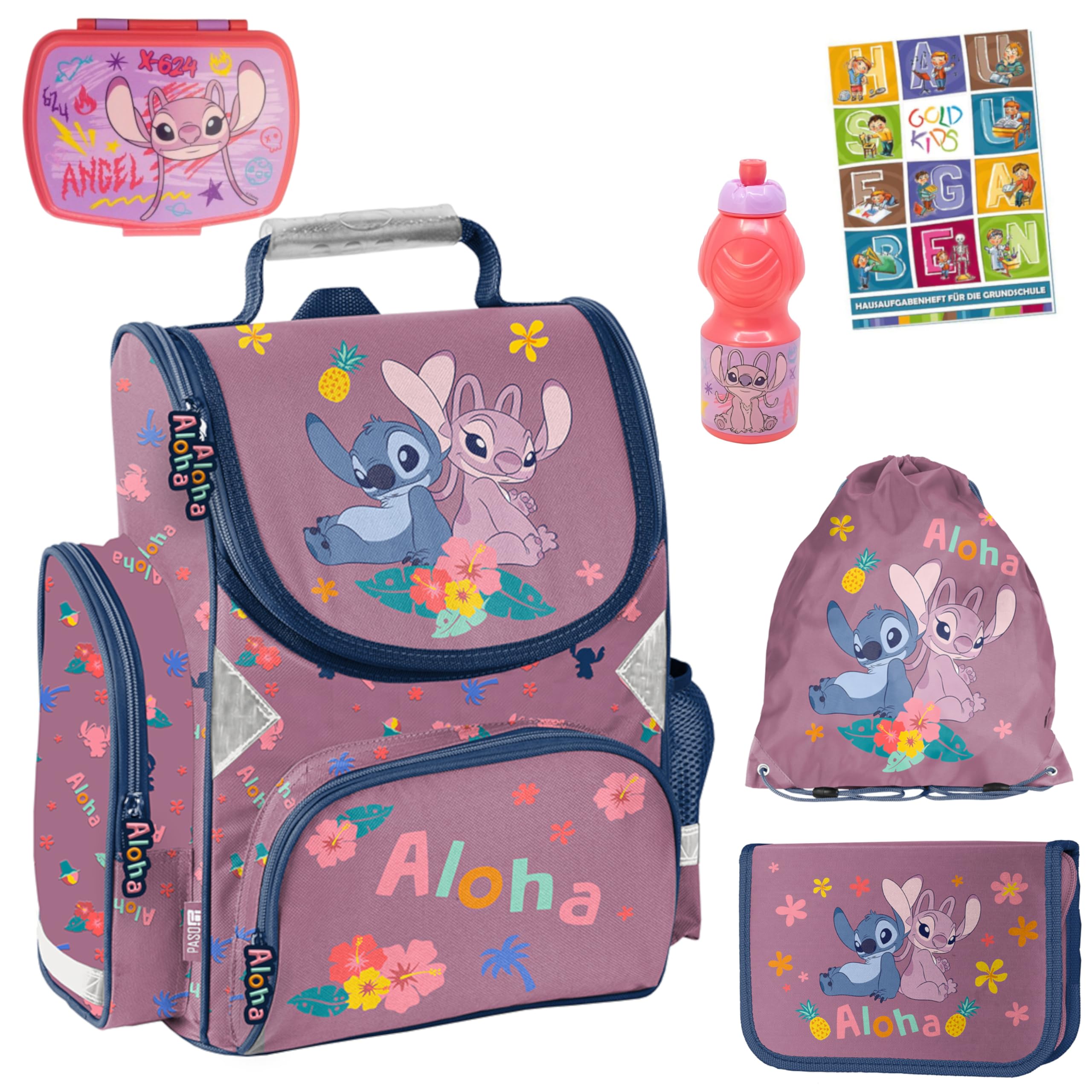 PASO- Schulranzen für Jungen und Mädchen, 6er-Set - Schul-Rucksack für Kinder mit Federmäppchen - Schuhbeutel Trinkflasche und Brotdose- Stitch Motiv- 1-3 Klasse