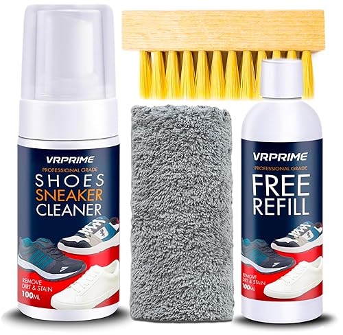 VRPRIME Shoe Sneaker Cleaner for White Shoes | Foam Sneaker Cleaning Kit | Suitable for Nubuck, Canvas, Knit, Trainers & Sports Shoes | With Brush, Microfibre cloth & Refill Bottle