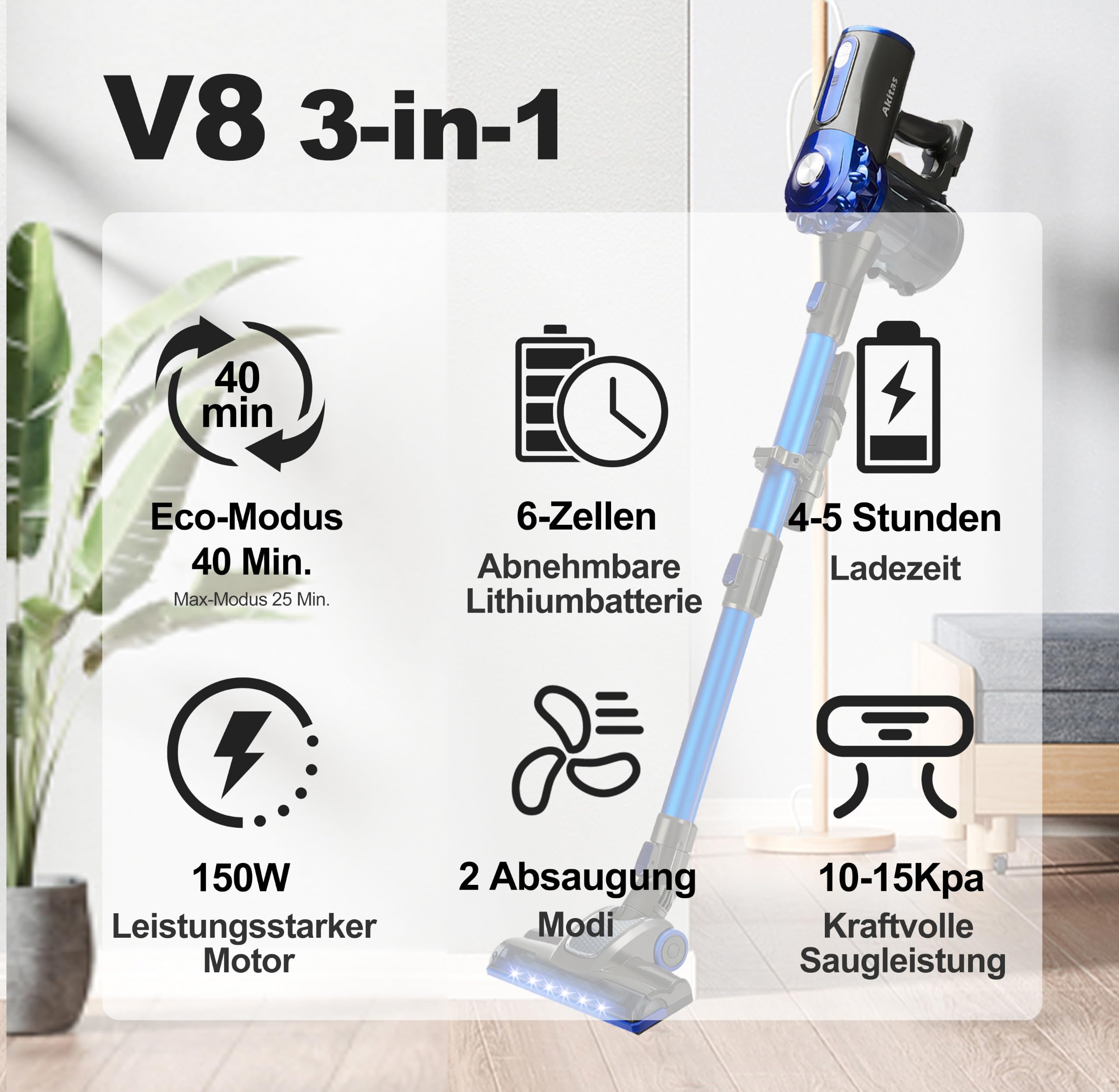 Akitas V8 3in1 Akku Staubsauger Kabellos Hand und Vertikal Leicht 22,2 V 150 W Wiederaufladbarer Lithium-Akku für Böden, Teppiche, Tierhaare