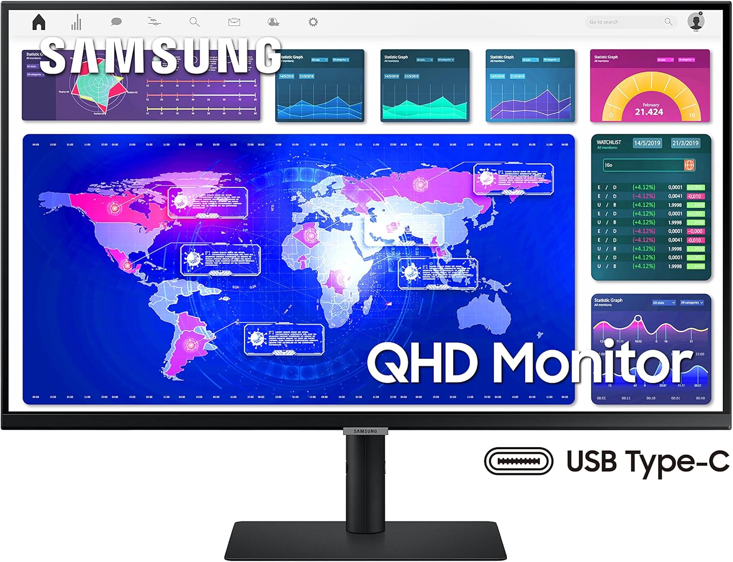 Samsung Monitor HRM S60UA (S32A60), Flat, 32, 2560x1440 (WQHD 2K), HDR10, VA, Bezeless, 75 Hz, 5 ms, FreeSync, HDMI, USB Type C, Display Port, Ingresso Audio, HAS, Pivot, PIP, PBP, Flicker Free
