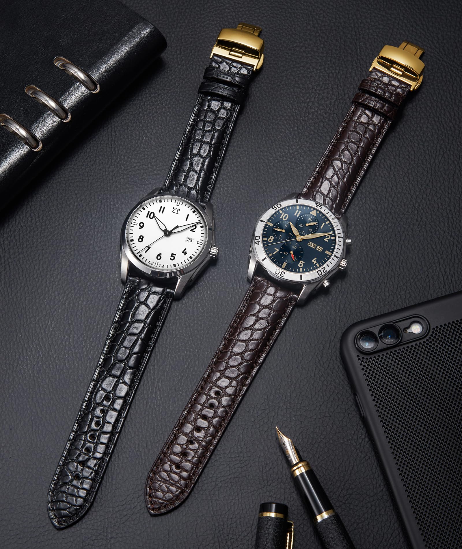 BINLUN Correa Reloj de Cuero Correas Piel de Cocodrilo Relieve para Hombre Mujer 18 mm 19 mm 20 mm 21 mm 22 mm Hebilla Plegable de Liberación Rápida Moda Clásica Artesanal