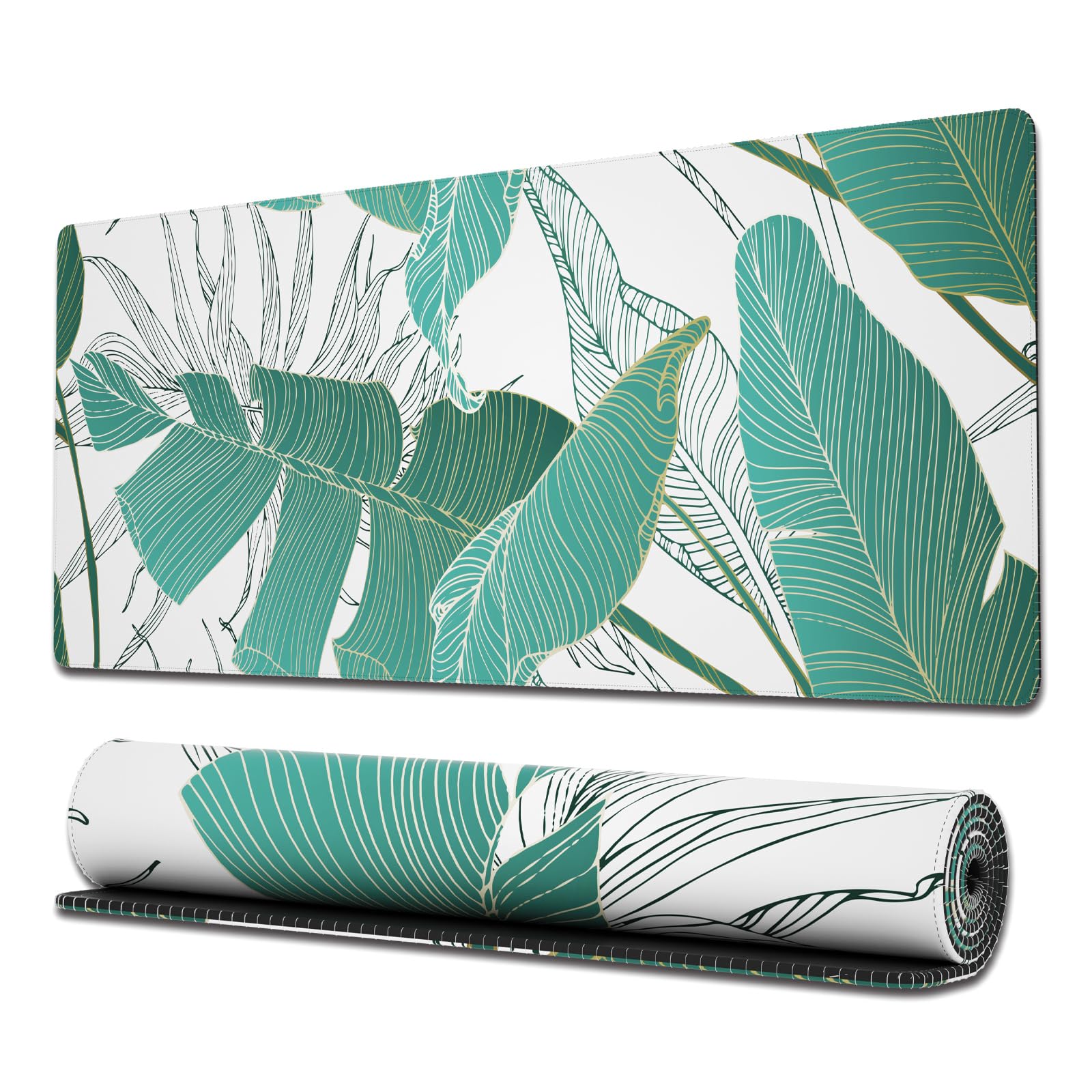 OvenbirdGaming Mouse Pad with Stitched Edges, Boho Nature Plants Mouse Pad, Extended XL Mousepad with Anti-Slip Base, Cute Large Mouse Pad for Desk, 31.5 x 11.8 in, Green