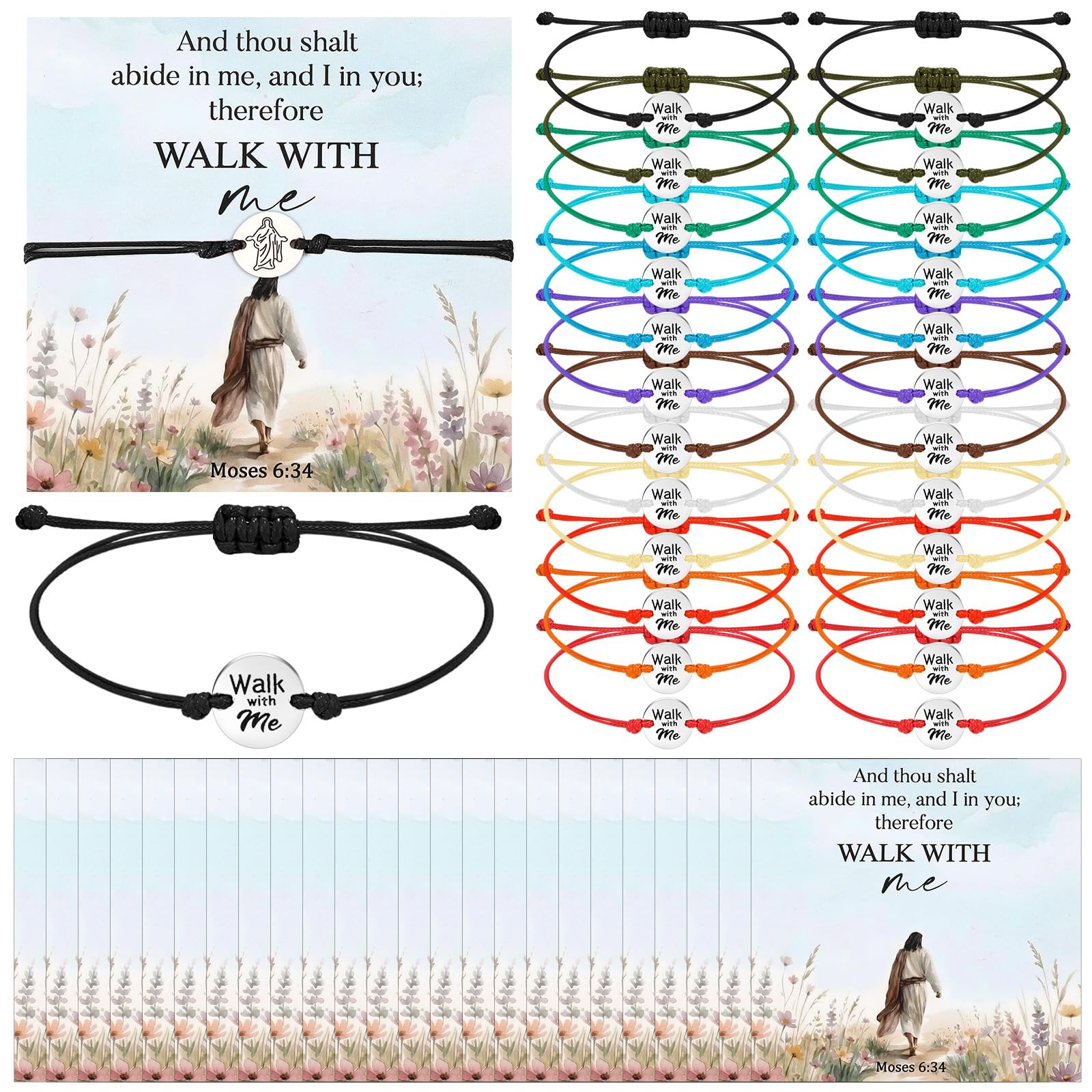 Kigeli 24 Sets Lds Mormon Gifts Walk with Me Bracelets, 2026 Lds Youth Theme Gift, Young Women Birthday Present, Girls Camp, Moses 6: 34, Adjustable Stainless-steel Bracelet with Card