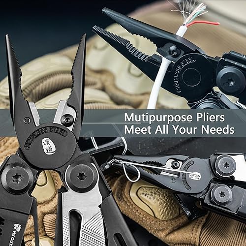 Miniatura 3 de HX OUTDOORS Multiherramienta de bolsillo 19 en 1, alicates multiherramientas de acero inoxidable con arrancador de fuego y rompecristales,