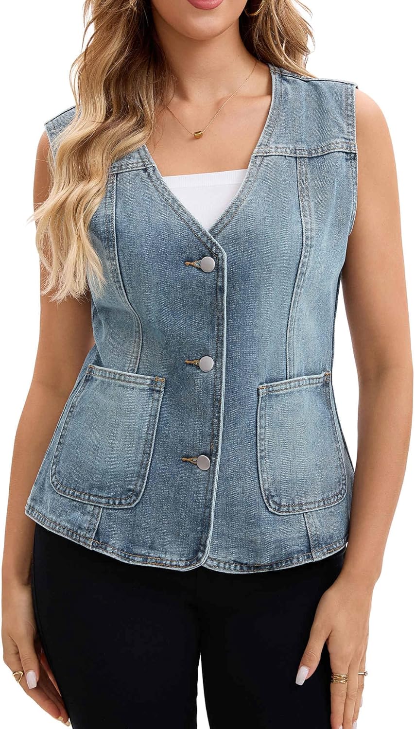 Women's Casual Denim Vest V Neck Patch Pockets Button Down Sleeveless Jean Jacket