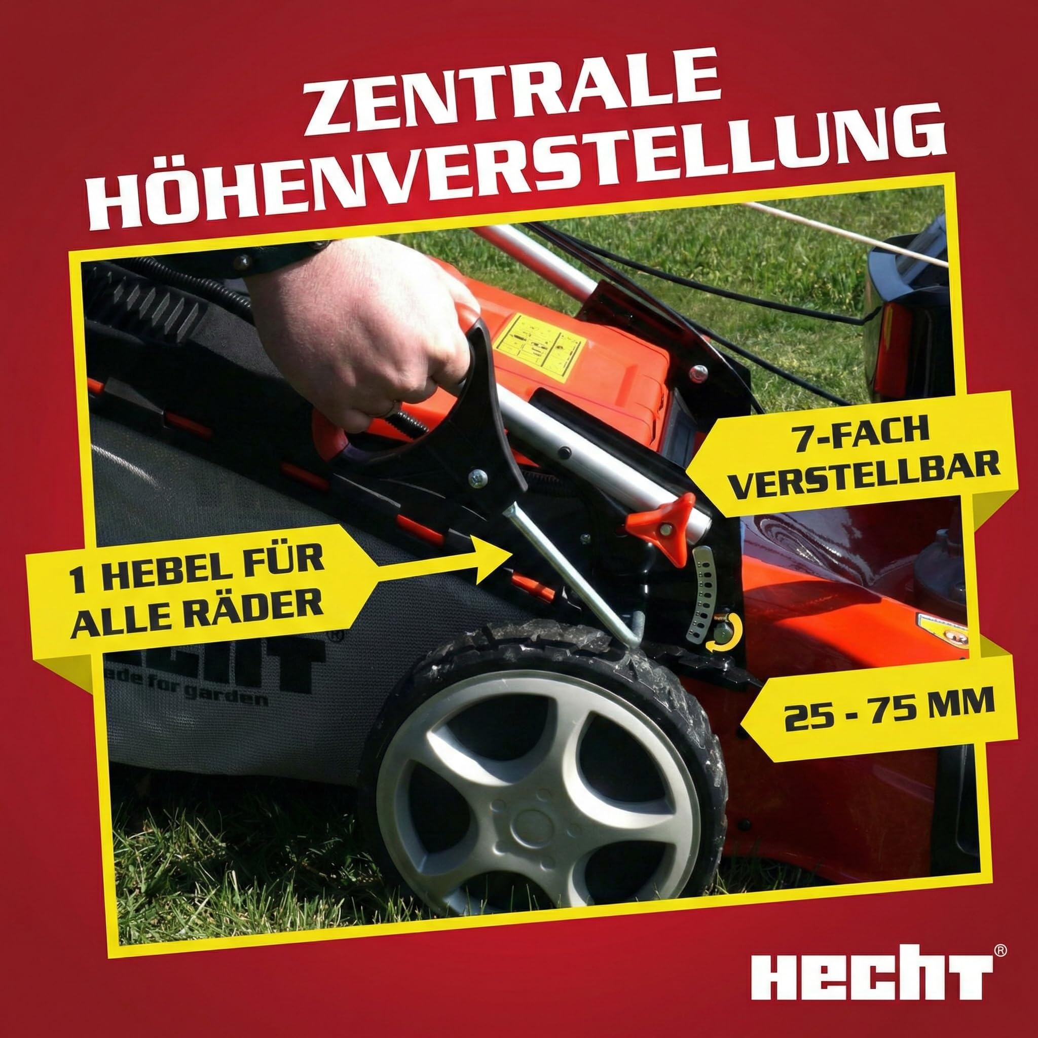 HECHT 5-IN-1 Benzin Rasenmäher – leistungsstarker 4 Takt Eco Motor 4,4 kW (6,0 PS) – Seilzug Starter – mit 53 cm Schnittbreite – 75 l Fangkorb – Radantrieb – patentierte Räder – Mulchmäher