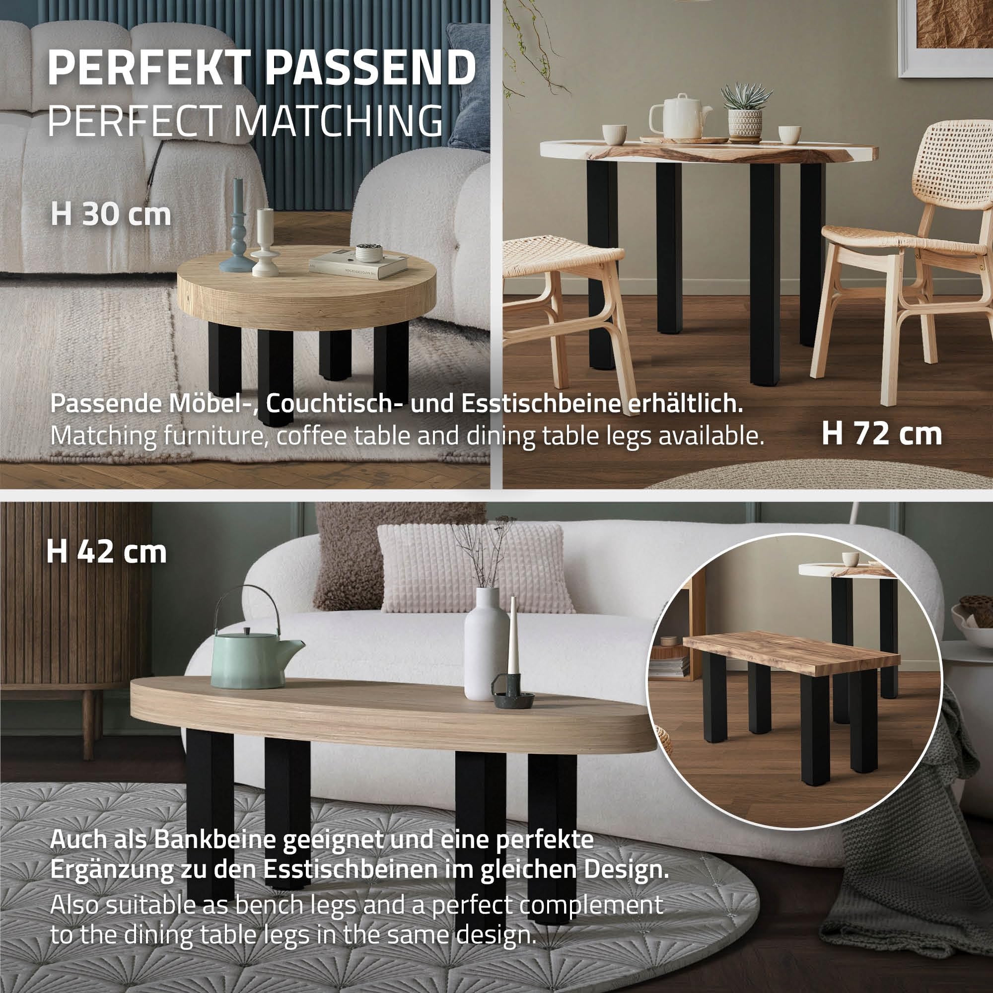 ML-Design Juego de 4 Patas de Mesa 90cm Negro Brillante de Acero con Recubrimiento en Polvo, Perfil 8x8cm, Pies Regulables en Altura 1-4 cm para Muebles, Mesitas de Centro, Bancos o Aparadores