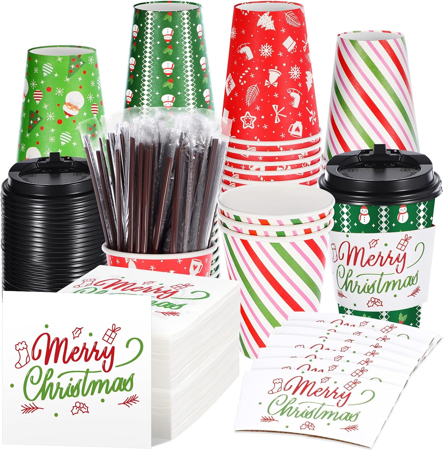 Hushee 100 Set 12 oz Christmas Disposable Coffee Cups with Black Lids Drinking Cup Sleeves Stir Straws and Napkins for Christmas Party Supplies Coffee Cocoa Hot Chocolate Juice Tea (Bright)