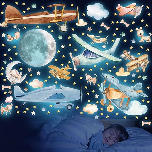 Calcomanías de pared de aviones grandes que brillan en la oscuridad, calcomanías luminosas para pared de aviones creativos, impermeables, para sala