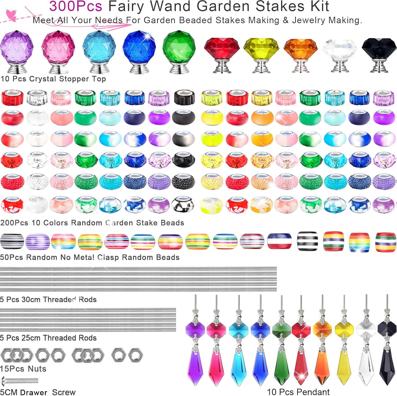300 Pcs DIY Fairy Wand Beaded Garden Stakes Kit, Fairy Wands Garden Kit Colorful Large Hole Bead with Pendants Crystal Stopper Top Threaded Rod Beaded Garden Stakes Supplies for Outdoor Decorative - Image 4