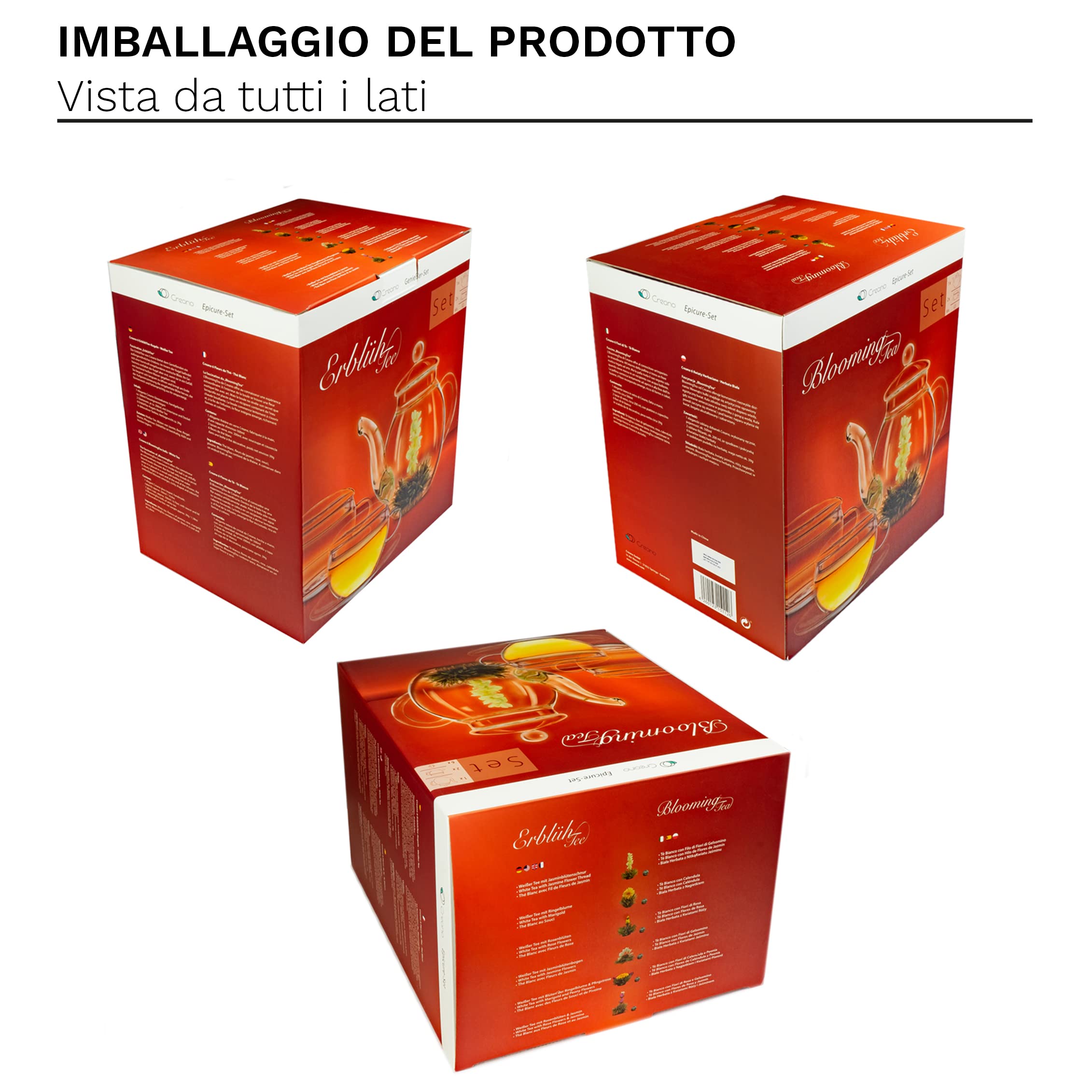 Creano Mix Gourmet Set Regalo Fiori di Tè Bianco in 6 Varietà – Include Caraffa in Vetro 500ml e 2 Tazze 200ml – Set Tè Fiorito per compleanno, natale, occasioni speciali