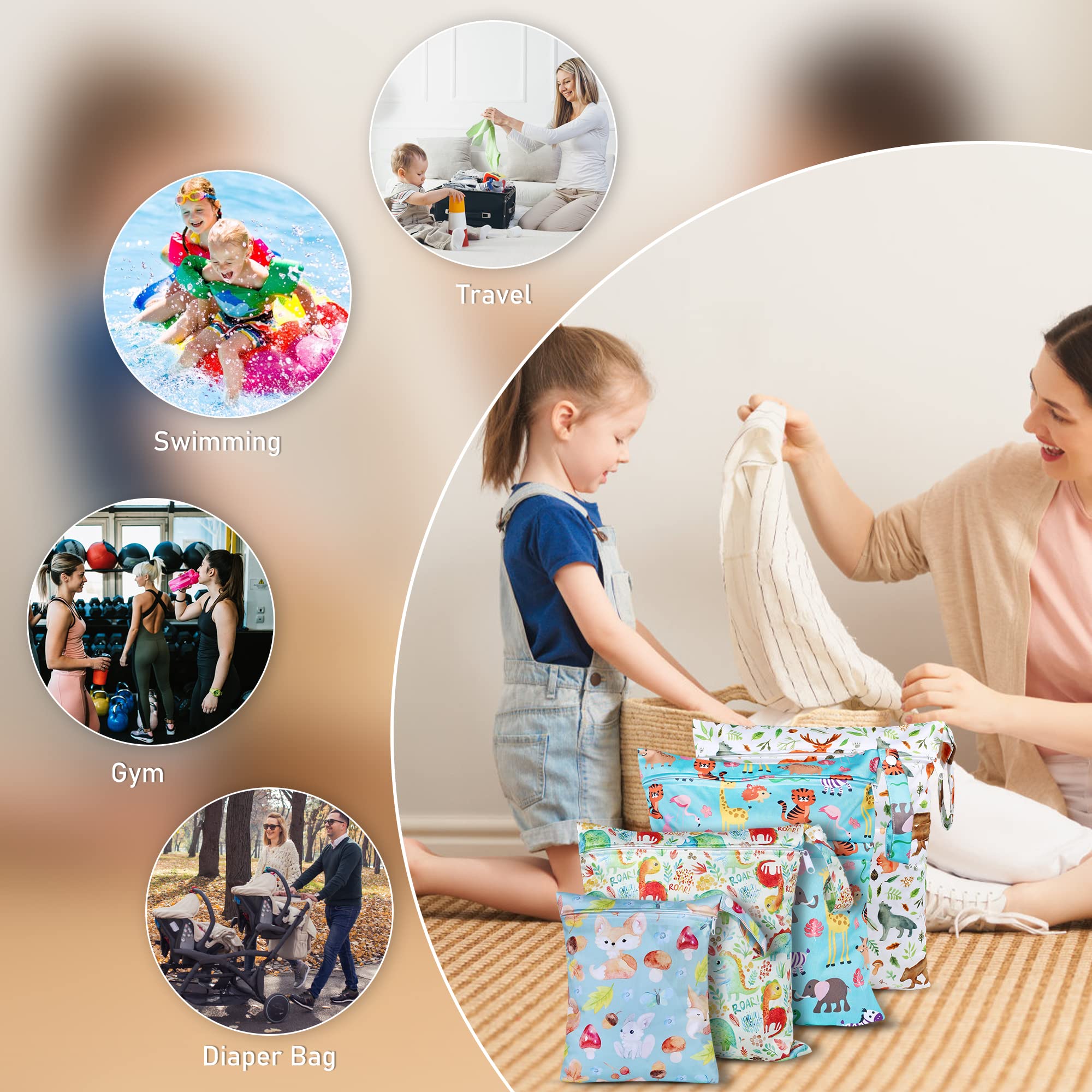 Wet Bag Lot de 4 sacs à couches en tissu imperméables avec fermeture éclair pour bébé et enfant